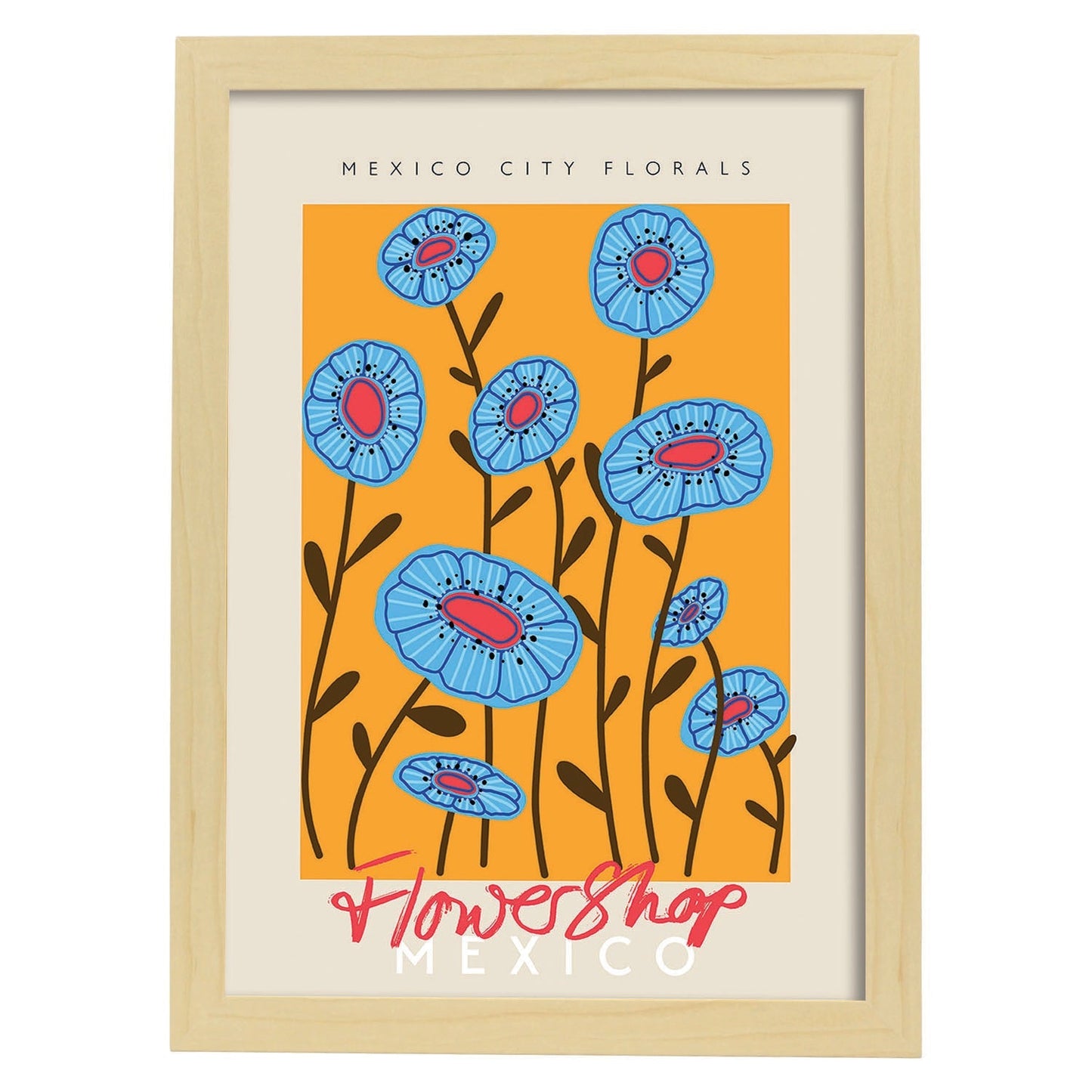 Lamina artistica decorativa con ilustración de Ciudad de México florales-Artwork-Nacnic-A3-Marco Madera clara-Nacnic Estudio SL