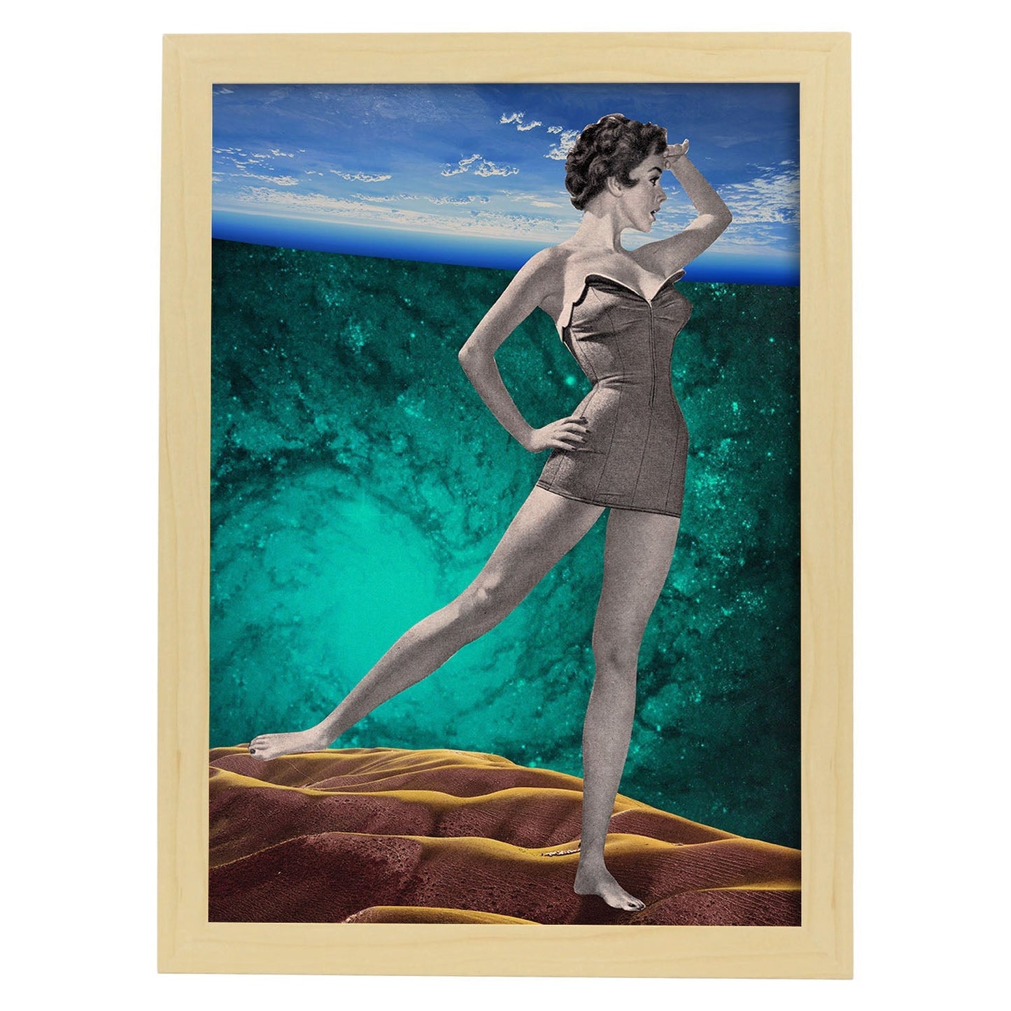 Lamina artistica decorativa con ilustración de Collage surrealista 16 estilo Collage-Artwork-Nacnic-A4-Marco Madera clara-Nacnic Estudio SL