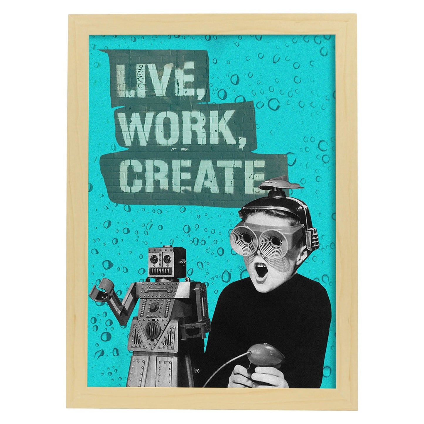Lamina artistica decorativa con ilustración de Collage surrealista 23 estilo Collage-Artwork-Nacnic-A4-Marco Madera clara-Nacnic Estudio SL