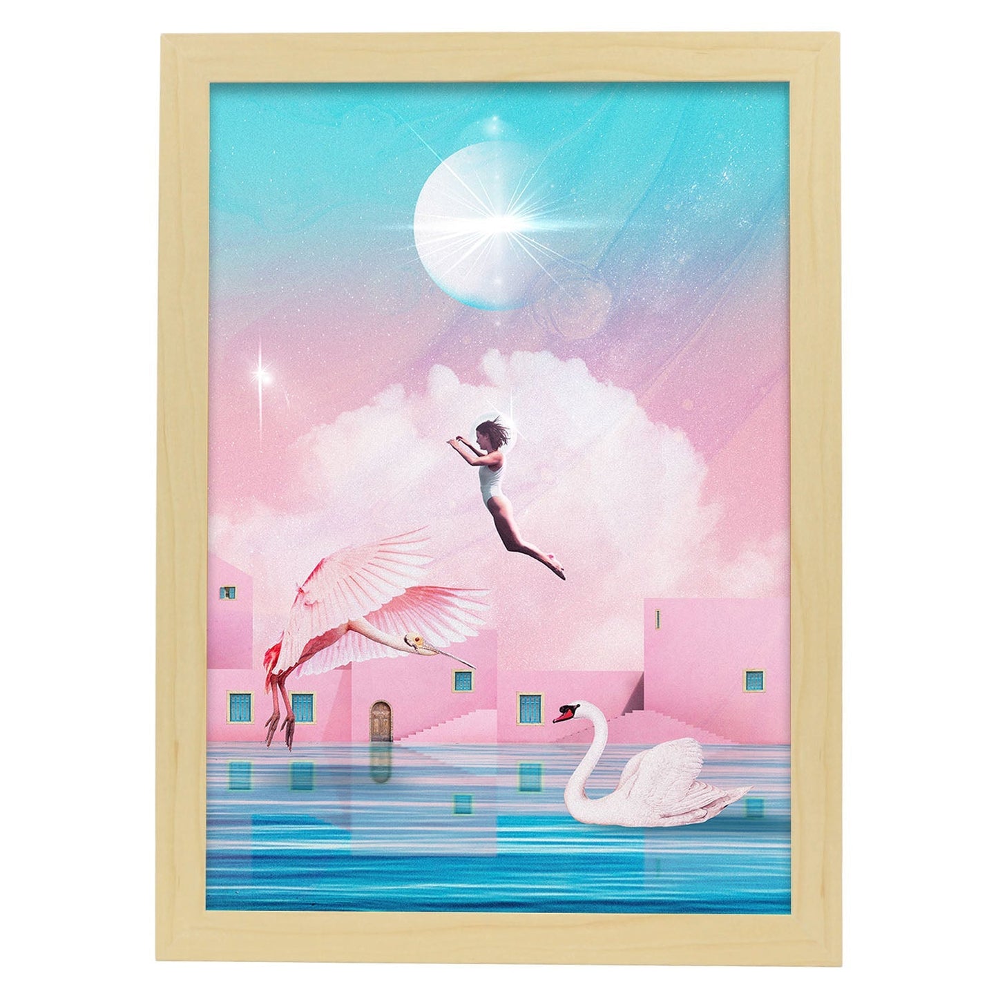 Lamina artistica decorativa con ilustración de Collage surrealista 5 estilo Collage-Artwork-Nacnic-A3-Marco Madera clara-Nacnic Estudio SL