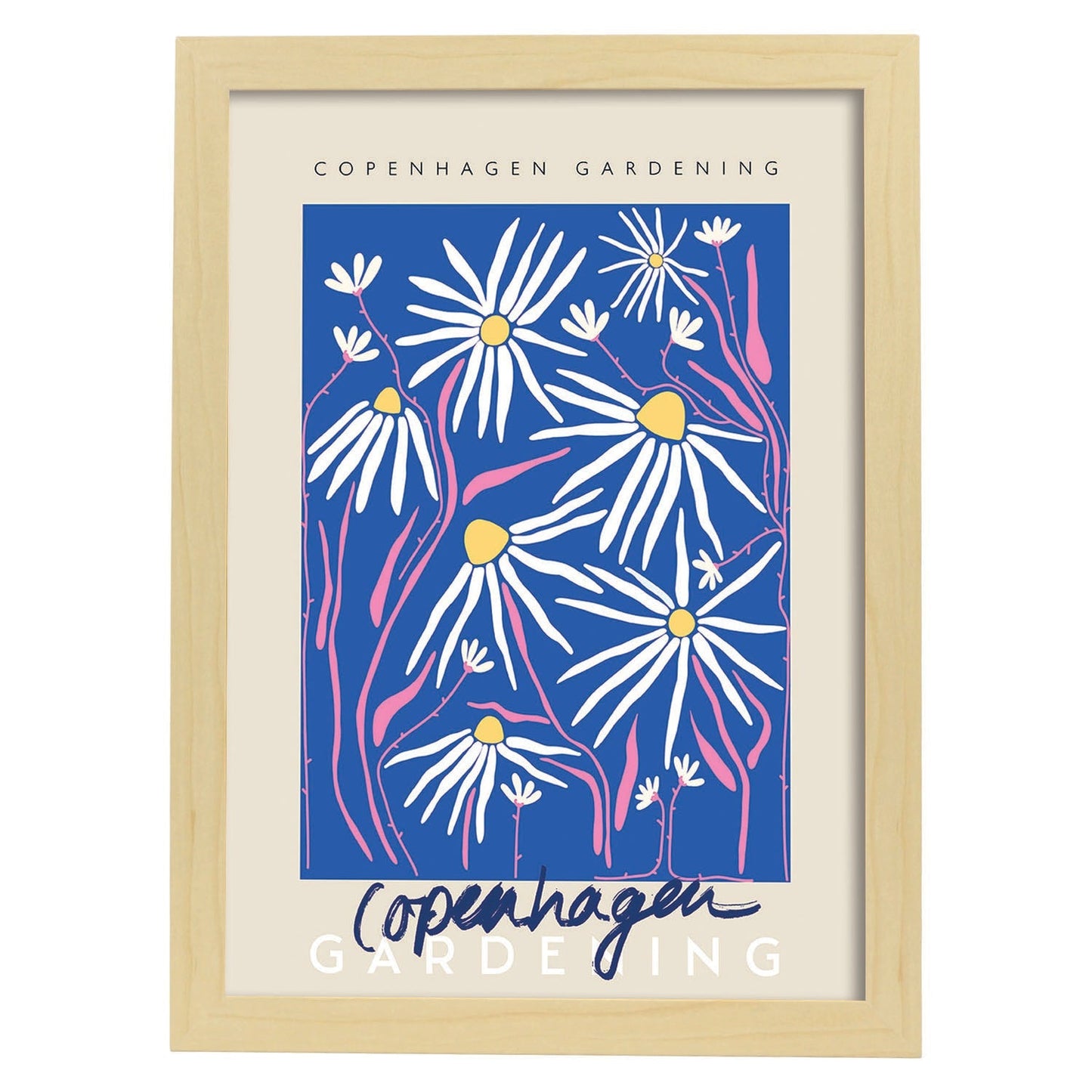 Lamina artistica decorativa con ilustración de Copenhague jardinería-Artwork-Nacnic-A4-Marco Madera clara-Nacnic Estudio SL