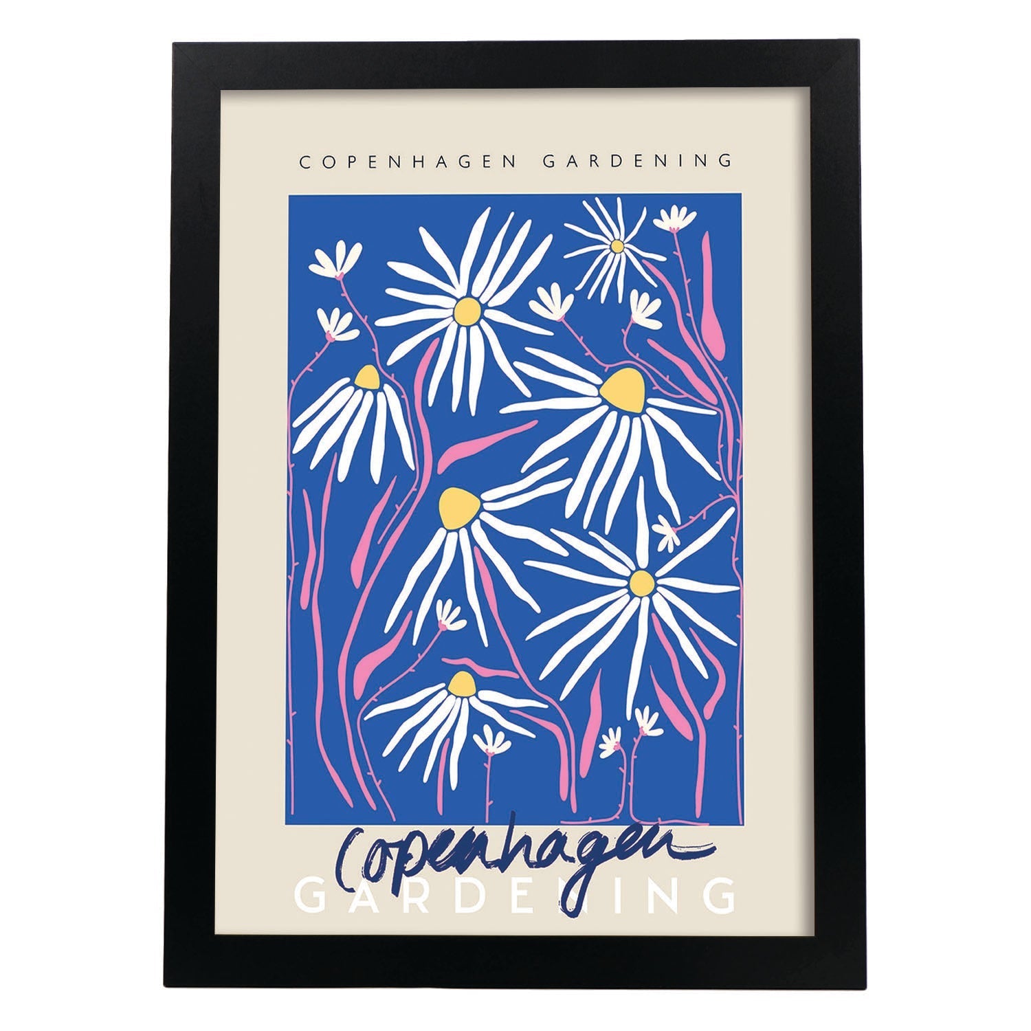 Lamina artistica decorativa con ilustración de Copenhague jardinería-Artwork-Nacnic-A4-Marco Negro-Nacnic Estudio SL