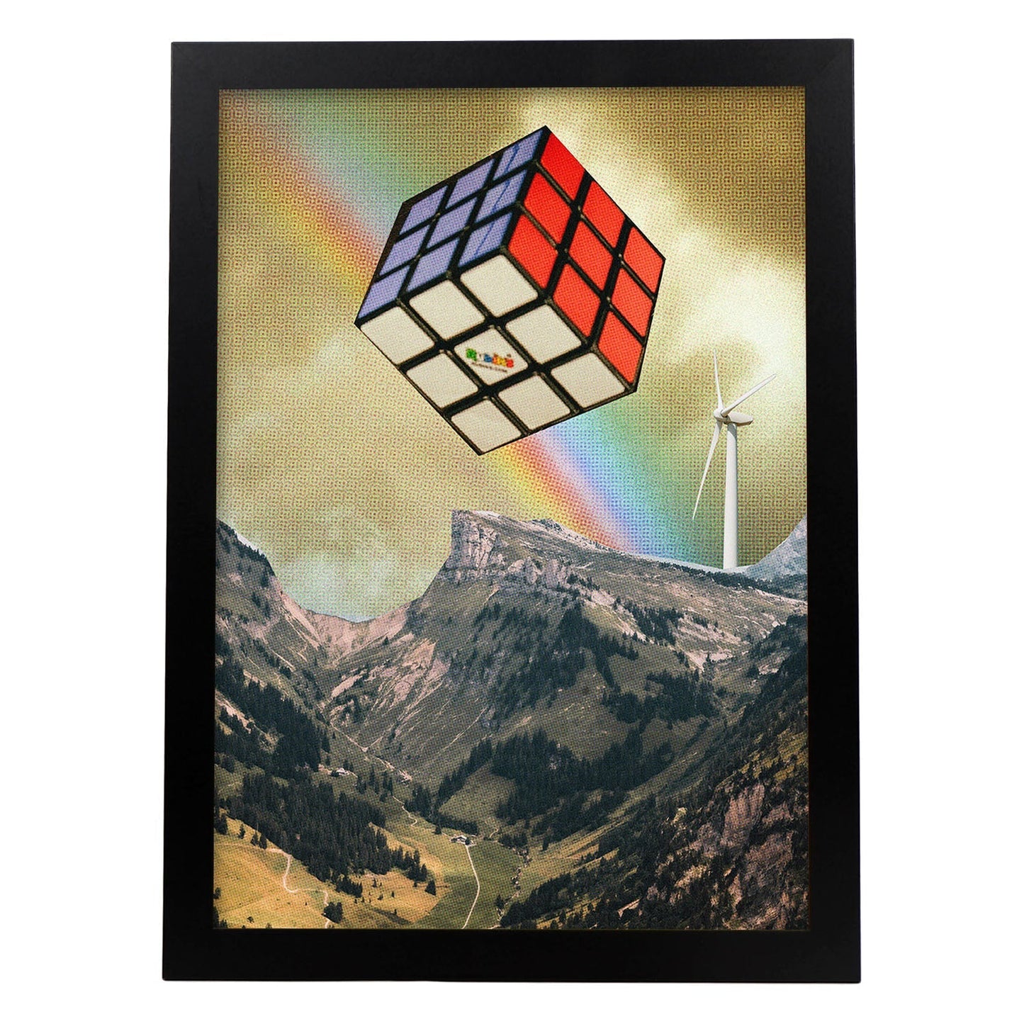 Lamina artistica decorativa con ilustración de Cubo de rubic estilo Collage-Artwork-Nacnic-A3-Marco Negro-Nacnic Estudio SL