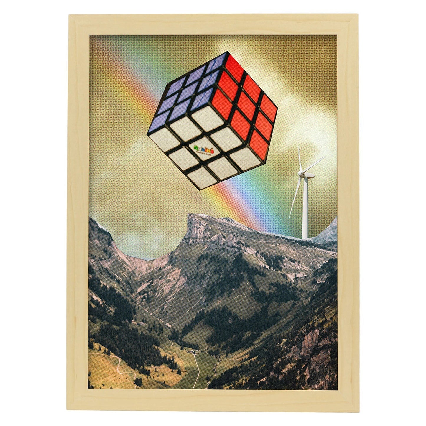 Lamina artistica decorativa con ilustración de Cubo de rubic estilo Collage-Artwork-Nacnic-A4-Marco Madera clara-Nacnic Estudio SL