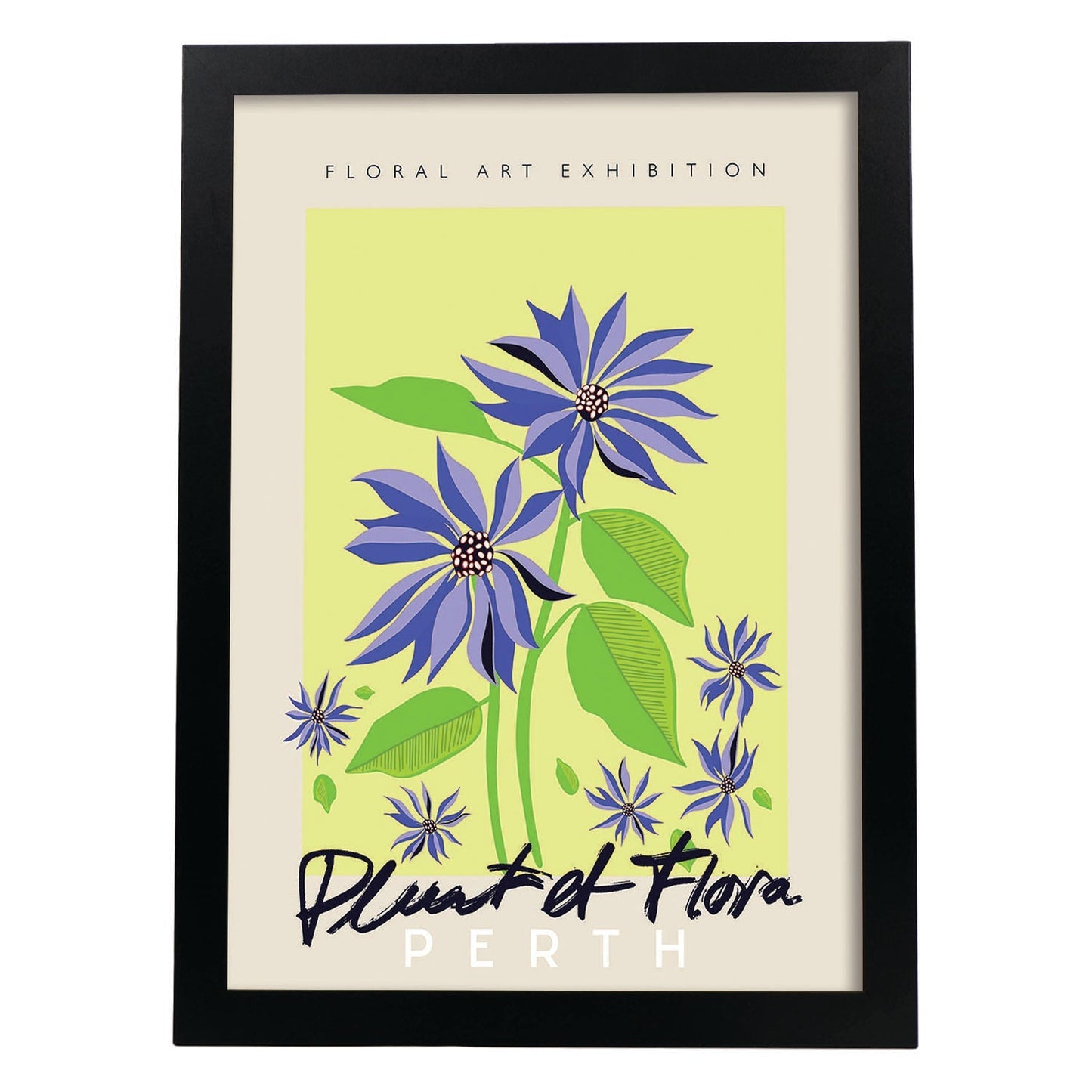 Lamina artistica decorativa con ilustración de Exposición de arte floral Perth-Artwork-Nacnic-A4-Marco Negro-Nacnic Estudio SL