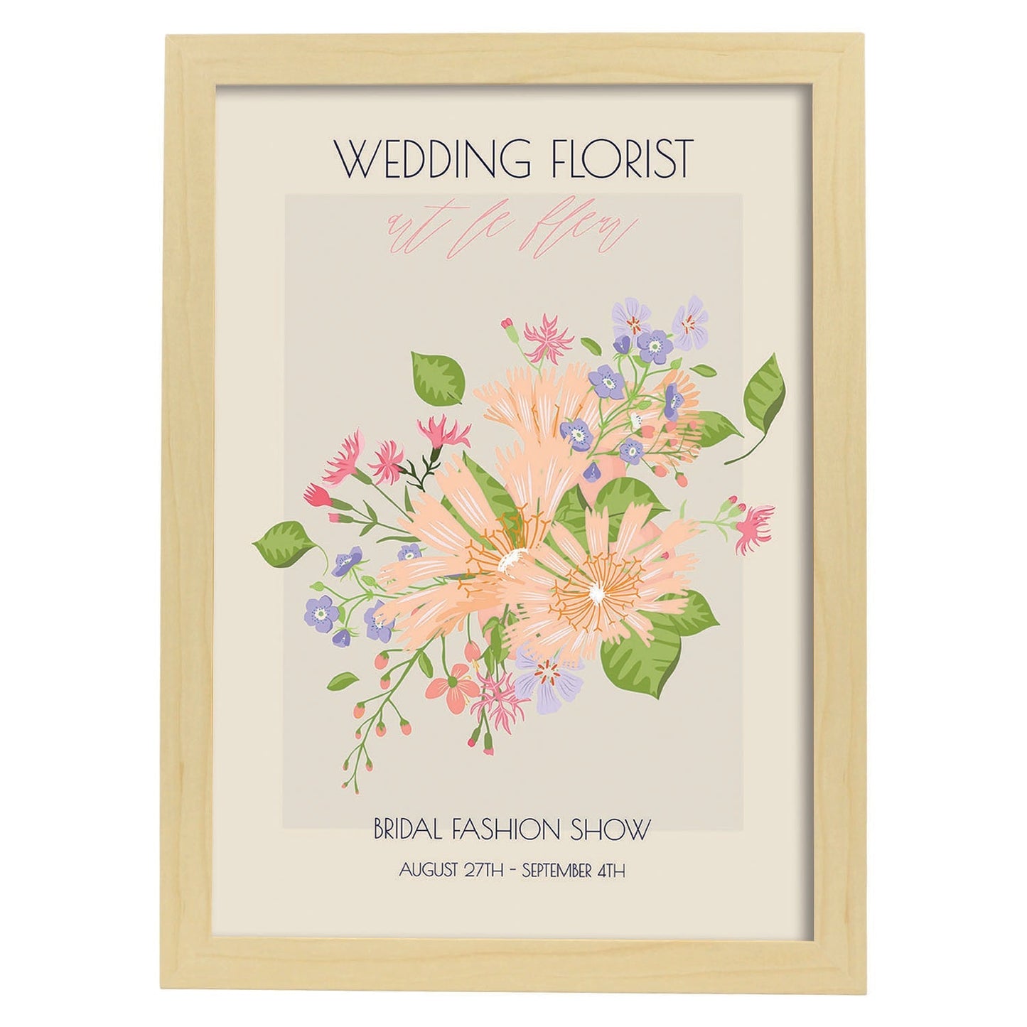 Lamina artistica decorativa con ilustración de Flores de boda 04-Artwork-Nacnic-A3-Marco Madera clara-Nacnic Estudio SL