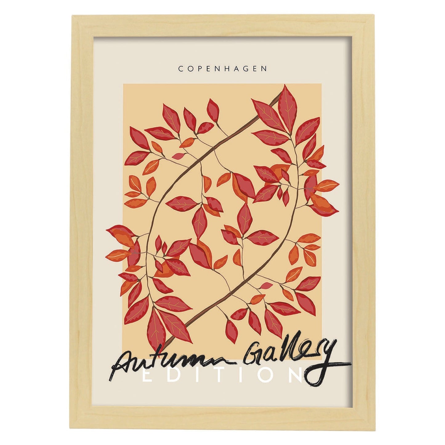 Lamina artistica decorativa con ilustración de Galería de otoño Copenhague-Artwork-Nacnic-A4-Marco Madera clara-Nacnic Estudio SL