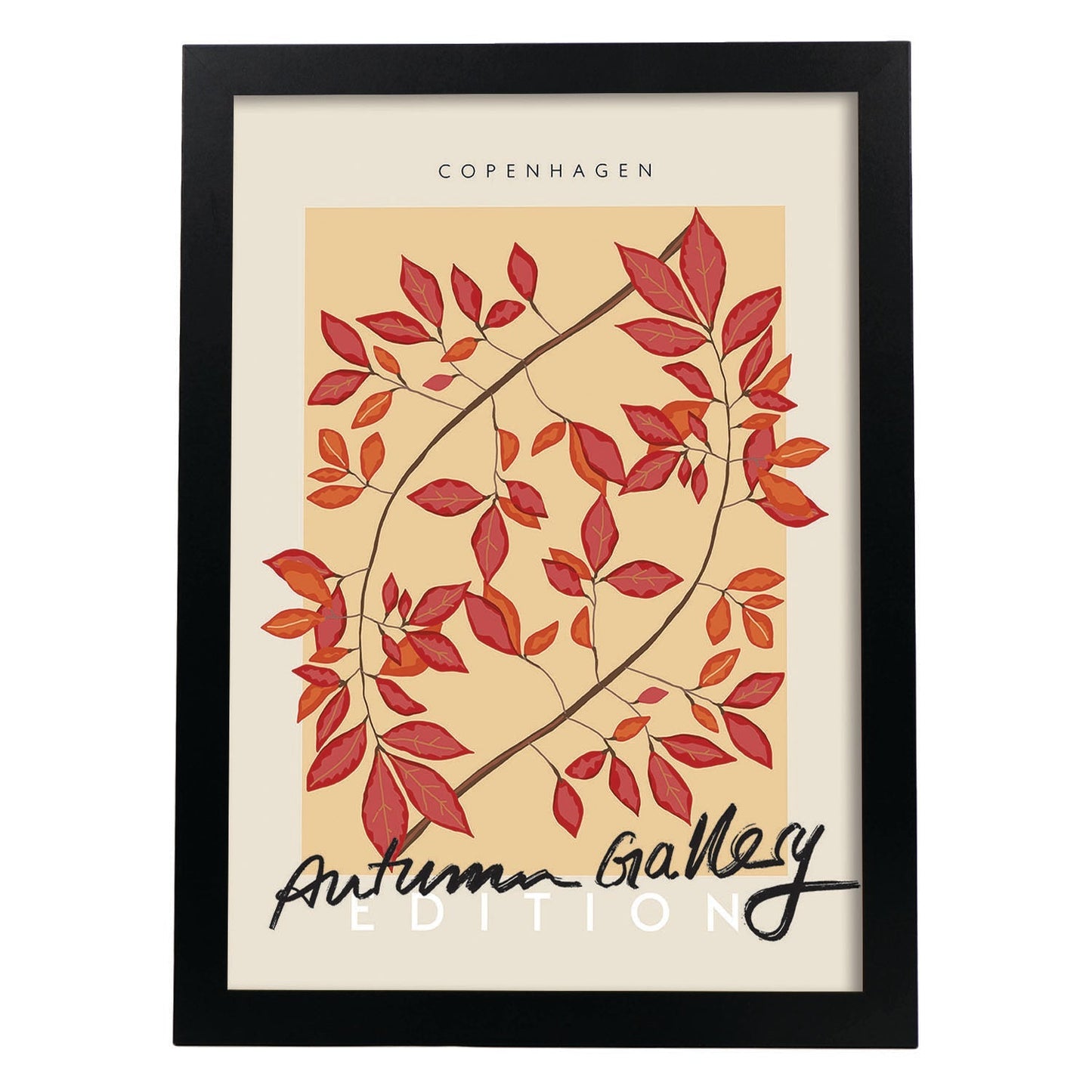 Lamina artistica decorativa con ilustración de Galería de otoño Copenhague-Artwork-Nacnic-A4-Marco Negro-Nacnic Estudio SL