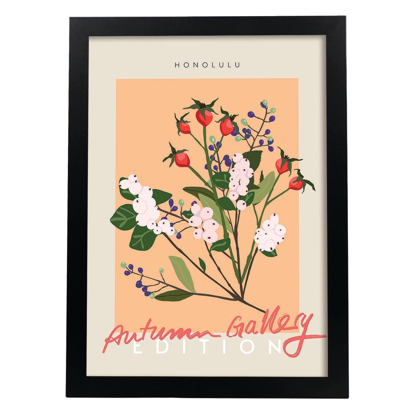 Lamina artistica decorativa con ilustración de Galería de otoño HONOLULU-Artwork-Nacnic-A3-Marco Negro-Nacnic Estudio SL