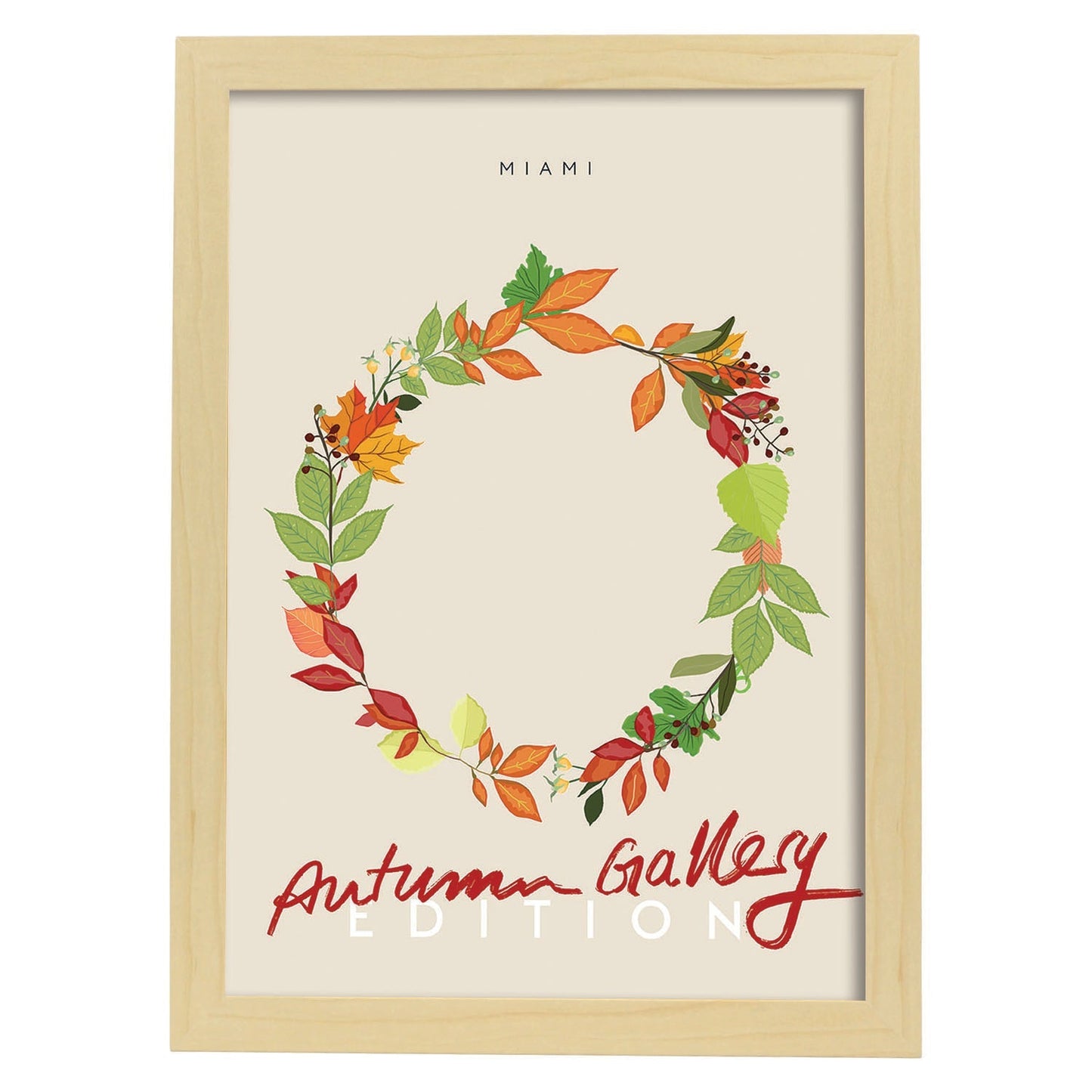 Lamina artistica decorativa con ilustración de Galería de otoño Miami-Artwork-Nacnic-A3-Marco Madera clara-Nacnic Estudio SL