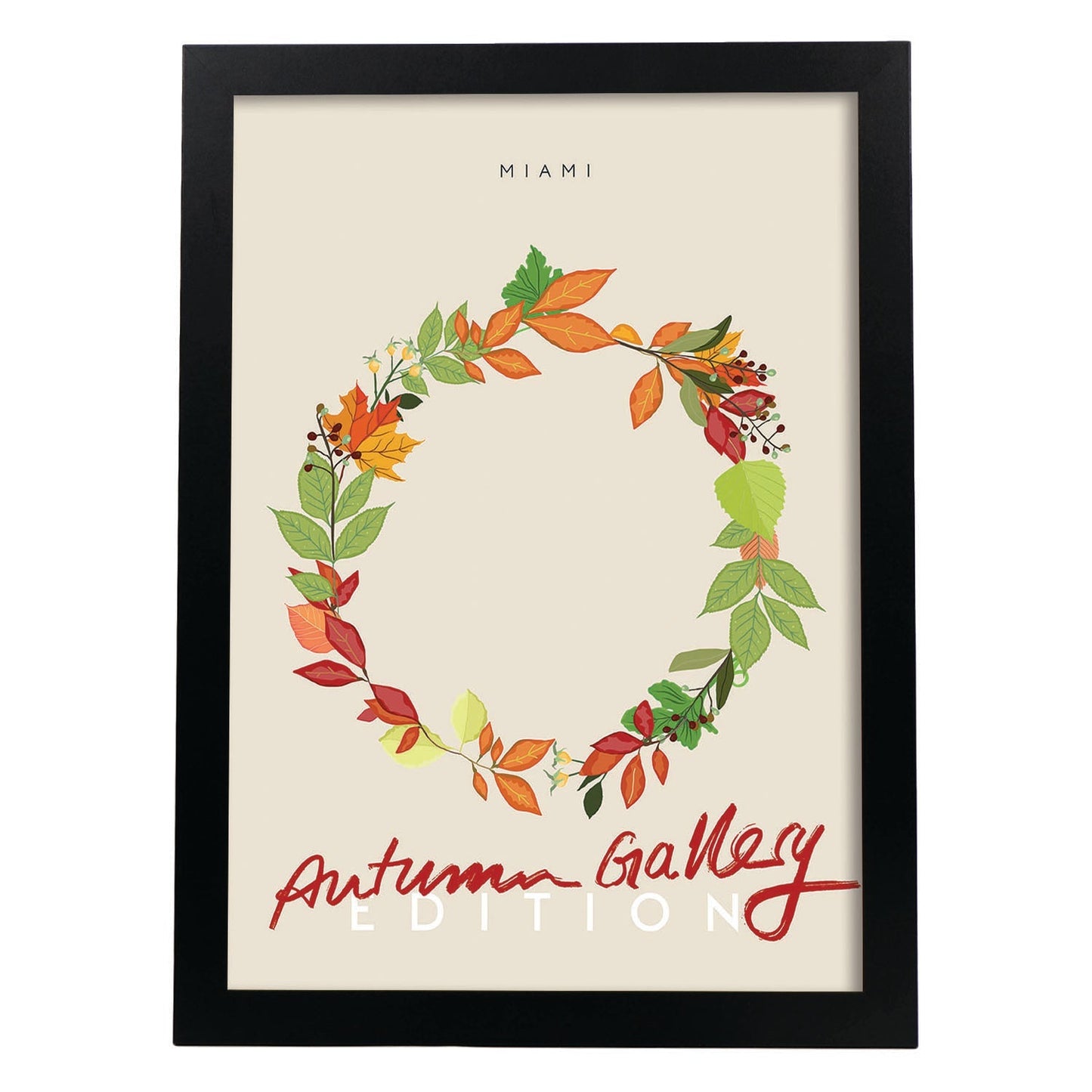 Lamina artistica decorativa con ilustración de Galería de otoño Miami-Artwork-Nacnic-A4-Marco Negro-Nacnic Estudio SL