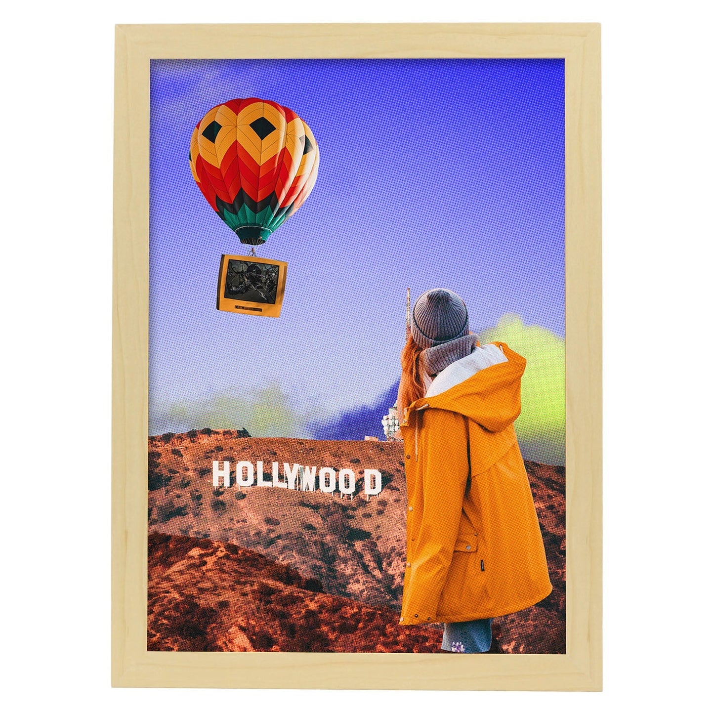 Lamina artistica decorativa con ilustración de Globo aerostático estilo Collage-Artwork-Nacnic-A3-Marco Madera clara-Nacnic Estudio SL