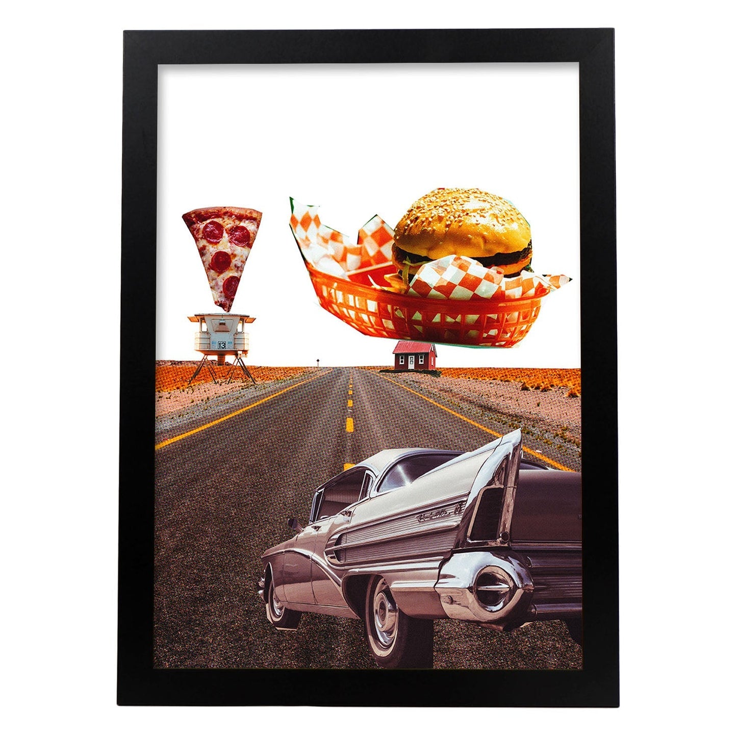 Lamina artistica decorativa con ilustración de Hamburguesa estilo Collage-Artwork-Nacnic-A3-Marco Negro-Nacnic Estudio SL