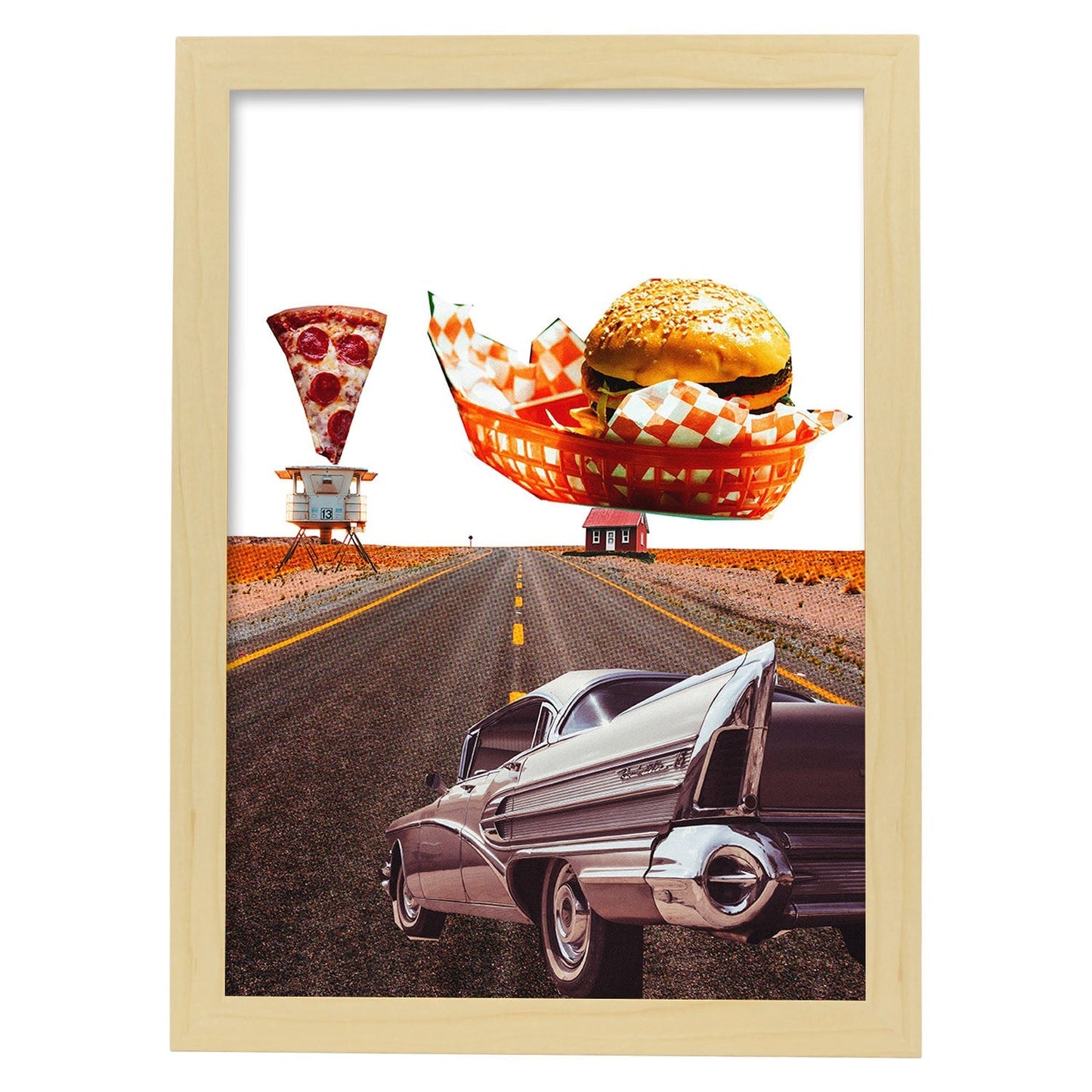 Lamina artistica decorativa con ilustración de Hamburguesa estilo Collage-Artwork-Nacnic-A4-Marco Madera clara-Nacnic Estudio SL