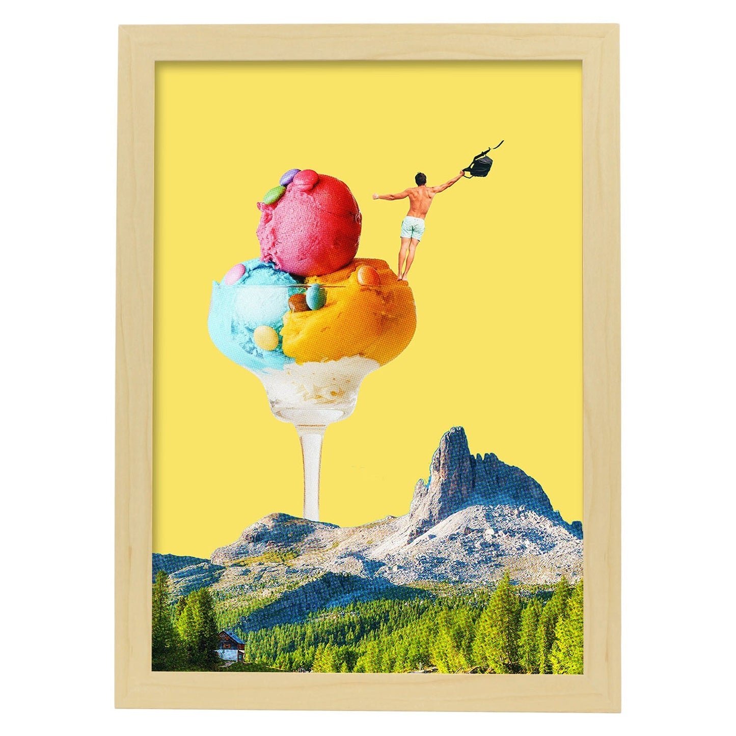 Lamina artistica decorativa con ilustración de Helado con frutas y nueces estilo Collage-Artwork-Nacnic-A3-Marco Madera clara-Nacnic Estudio SL