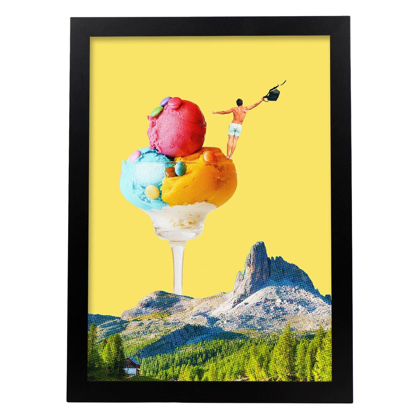 Lamina artistica decorativa con ilustración de Helado con frutas y nueces estilo Collage-Artwork-Nacnic-A4-Marco Negro-Nacnic Estudio SL