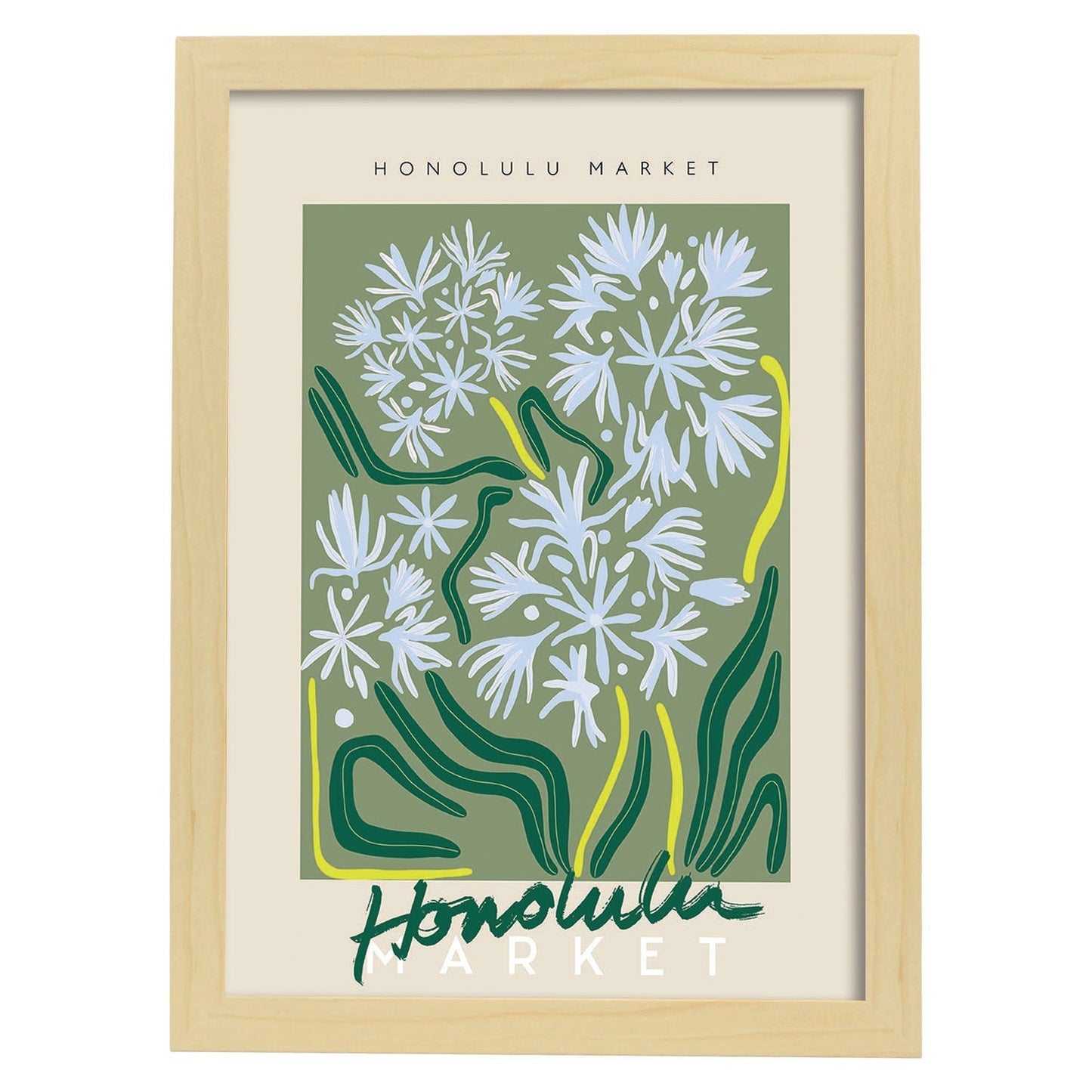 Lamina artistica decorativa con ilustración de Mercado de Honolulu-Artwork-Nacnic-A3-Marco Madera clara-Nacnic Estudio SL