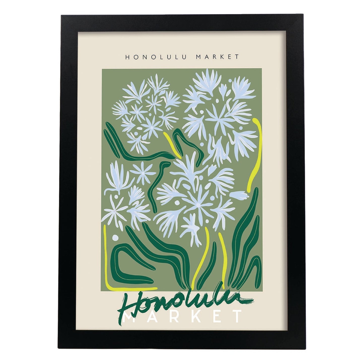 Lamina artistica decorativa con ilustración de Mercado de Honolulu-Artwork-Nacnic-A3-Marco Negro-Nacnic Estudio SL