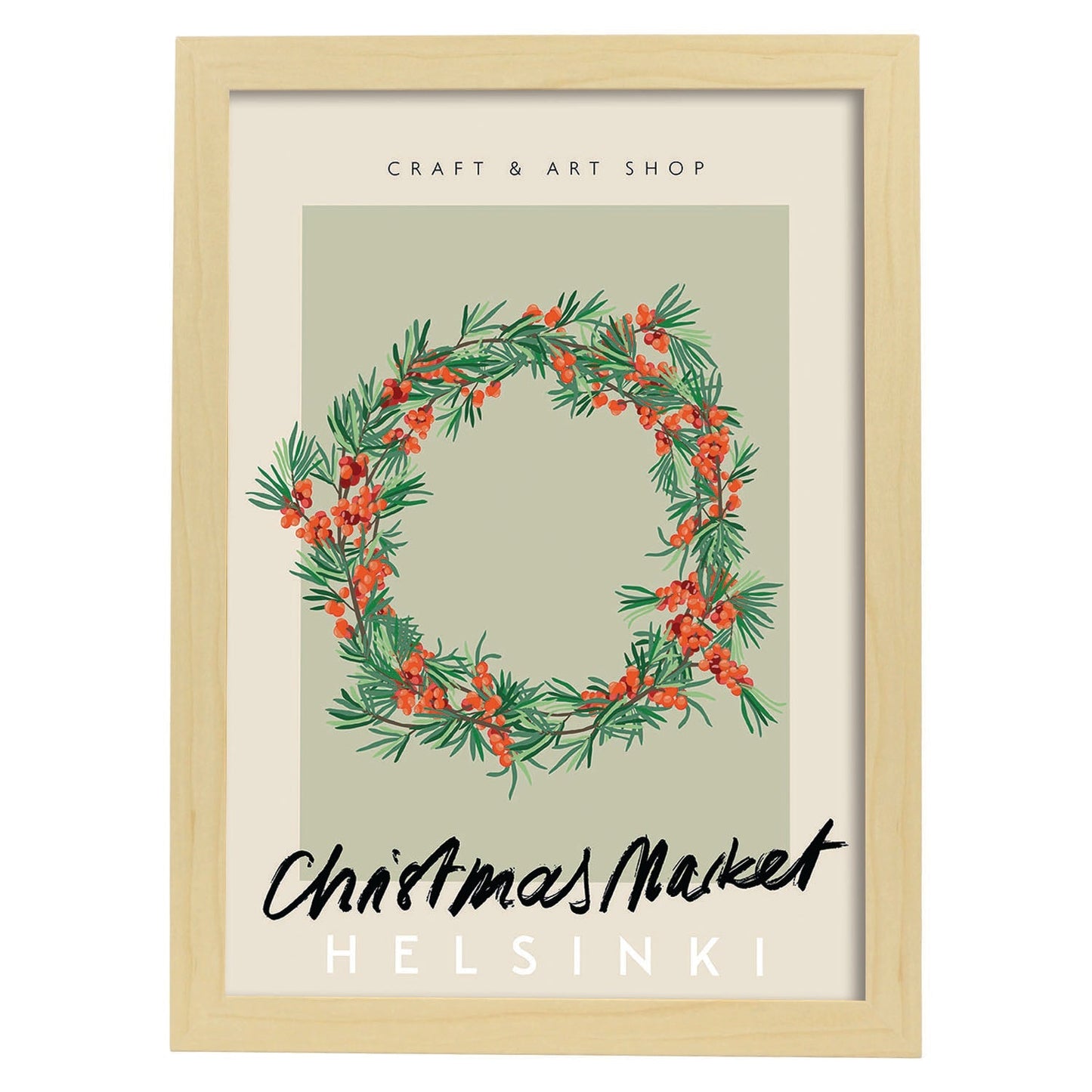 Lamina artistica decorativa con ilustración de Mercado de Navidad Helsinki estilo Abstracto-Artwork-Nacnic-A4-Marco Madera clara-Nacnic Estudio SL