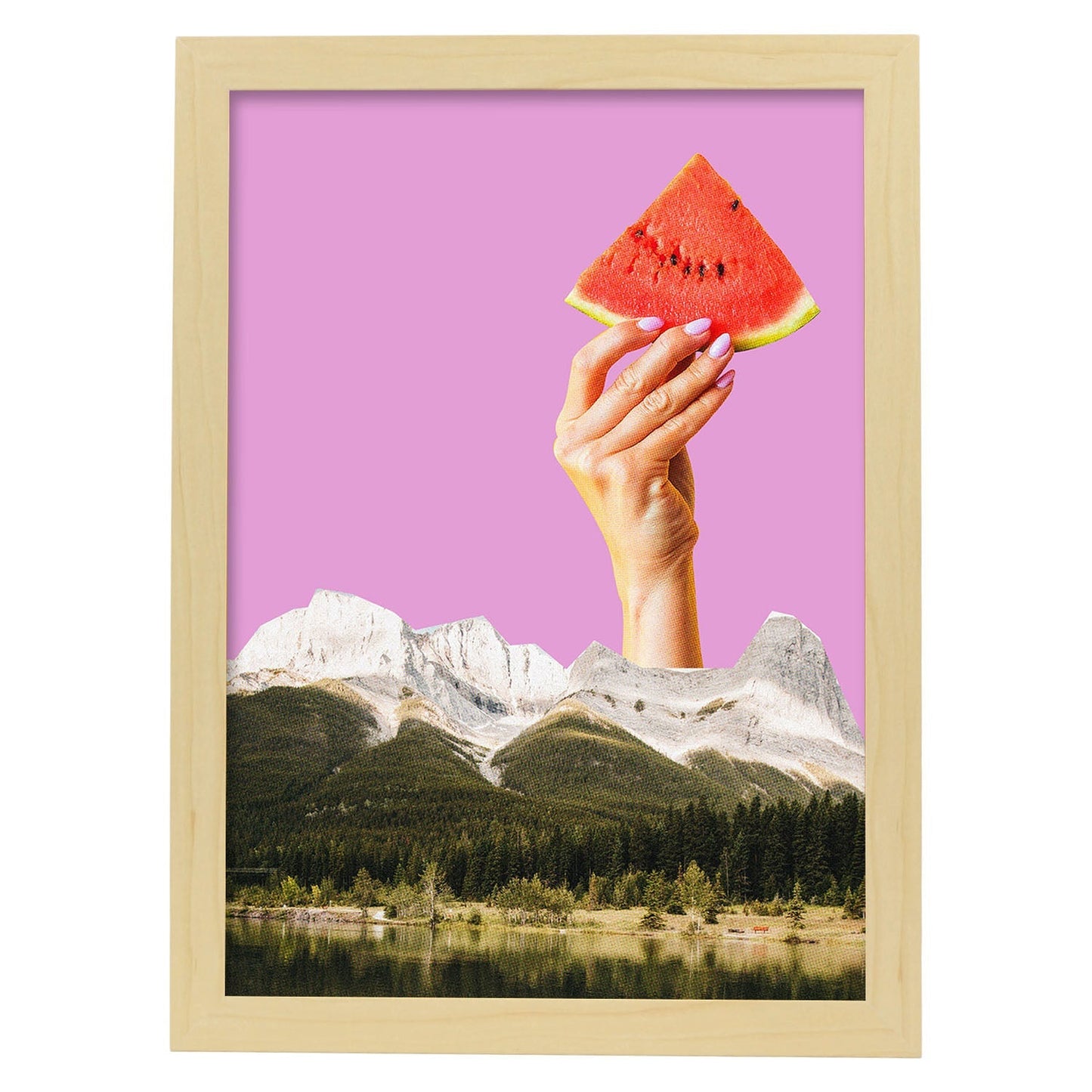 Lamina artistica decorativa con ilustración de Sandía en rodajas estilo Collage-Artwork-Nacnic-A3-Marco Madera clara-Nacnic Estudio SL