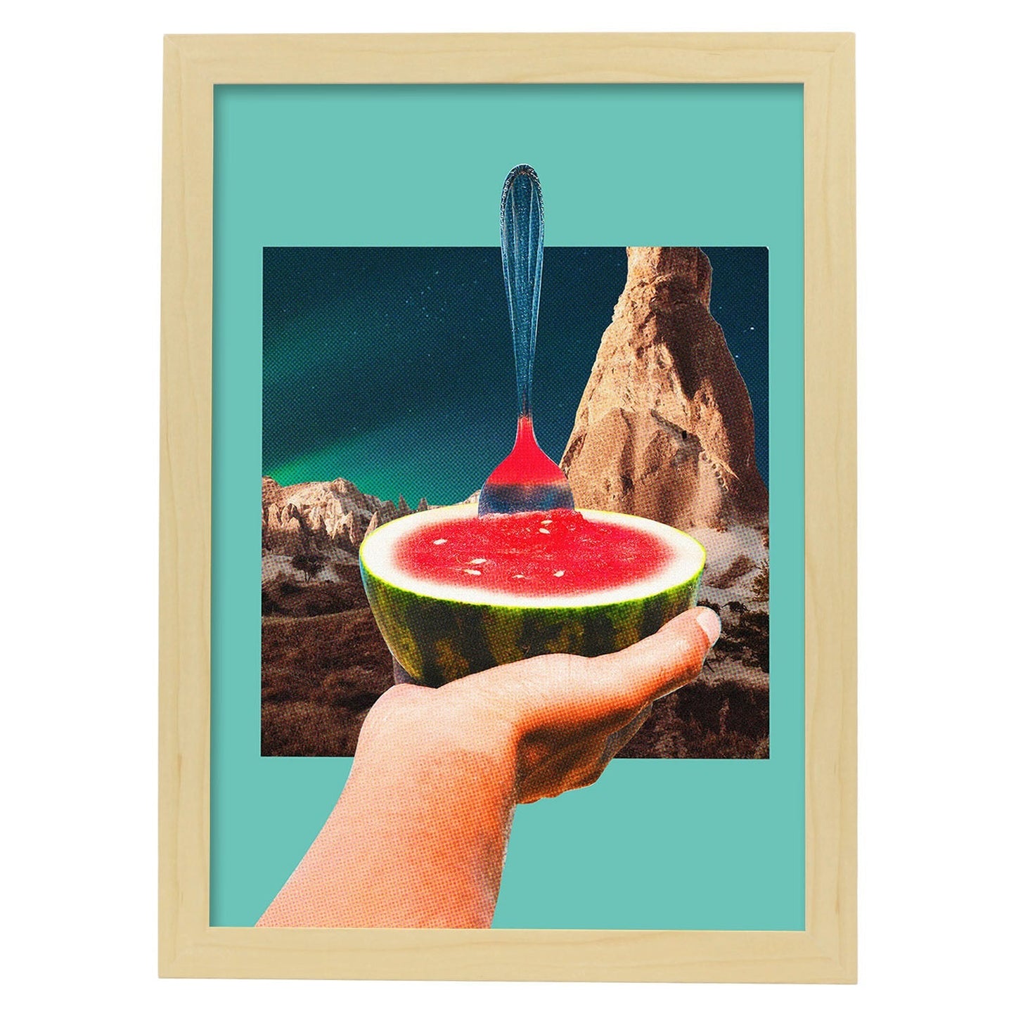 Lamina artistica decorativa con ilustración de Sandía estilo Collage-Artwork-Nacnic-A4-Marco Madera clara-Nacnic Estudio SL