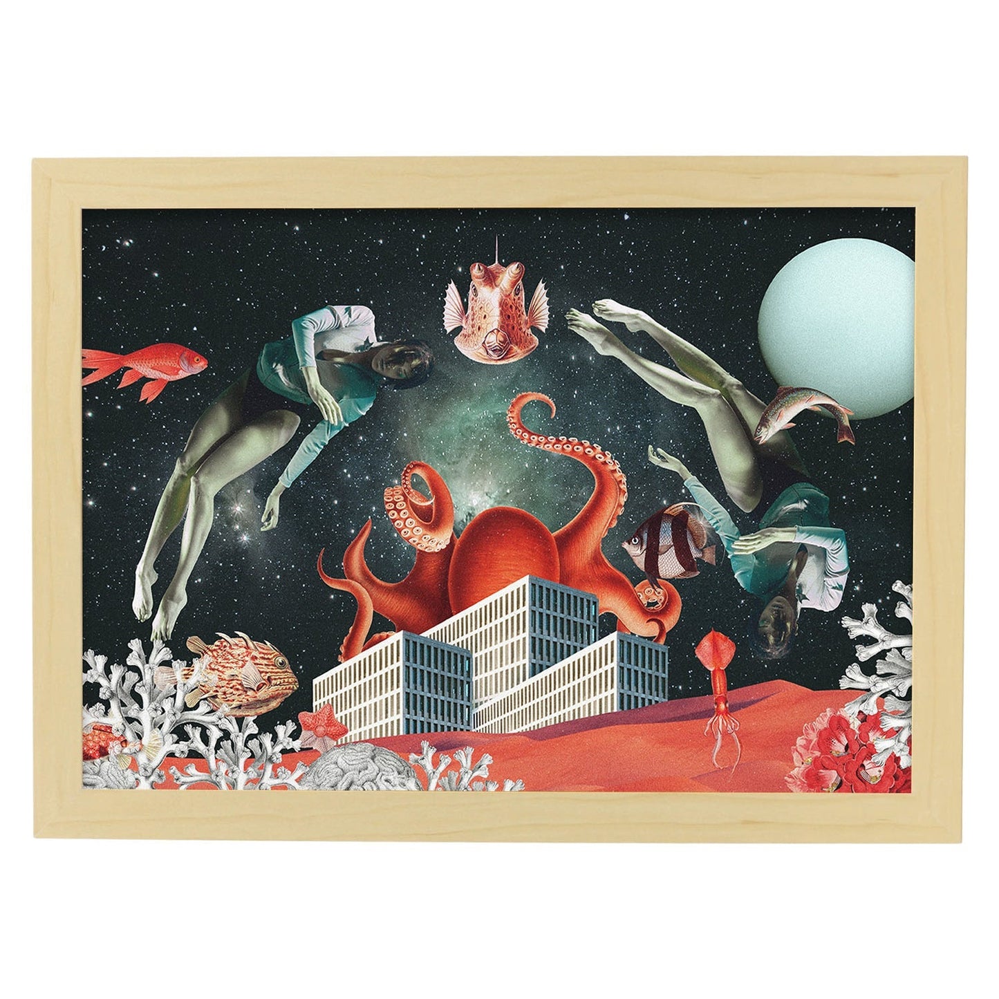 Lamina artistica decorativa con ilustración de Sea Space estilo Collage-Artwork-Nacnic-A4-Marco Madera clara-Nacnic Estudio SL