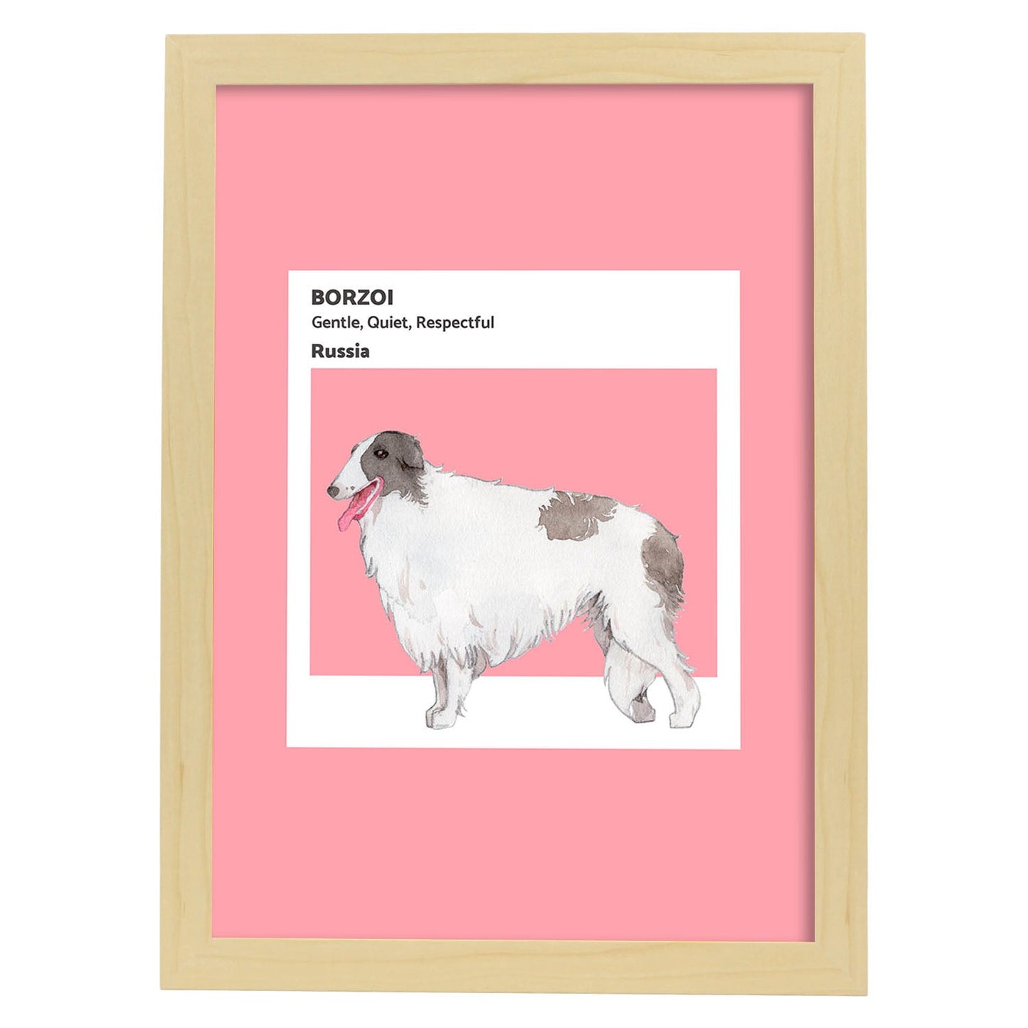 Lámina Borzoi. Pósters con ilustraciones de razas de perro en tonos cálidos y pastel.-Artwork-Nacnic-A3-Marco Madera clara-Nacnic Estudio SL