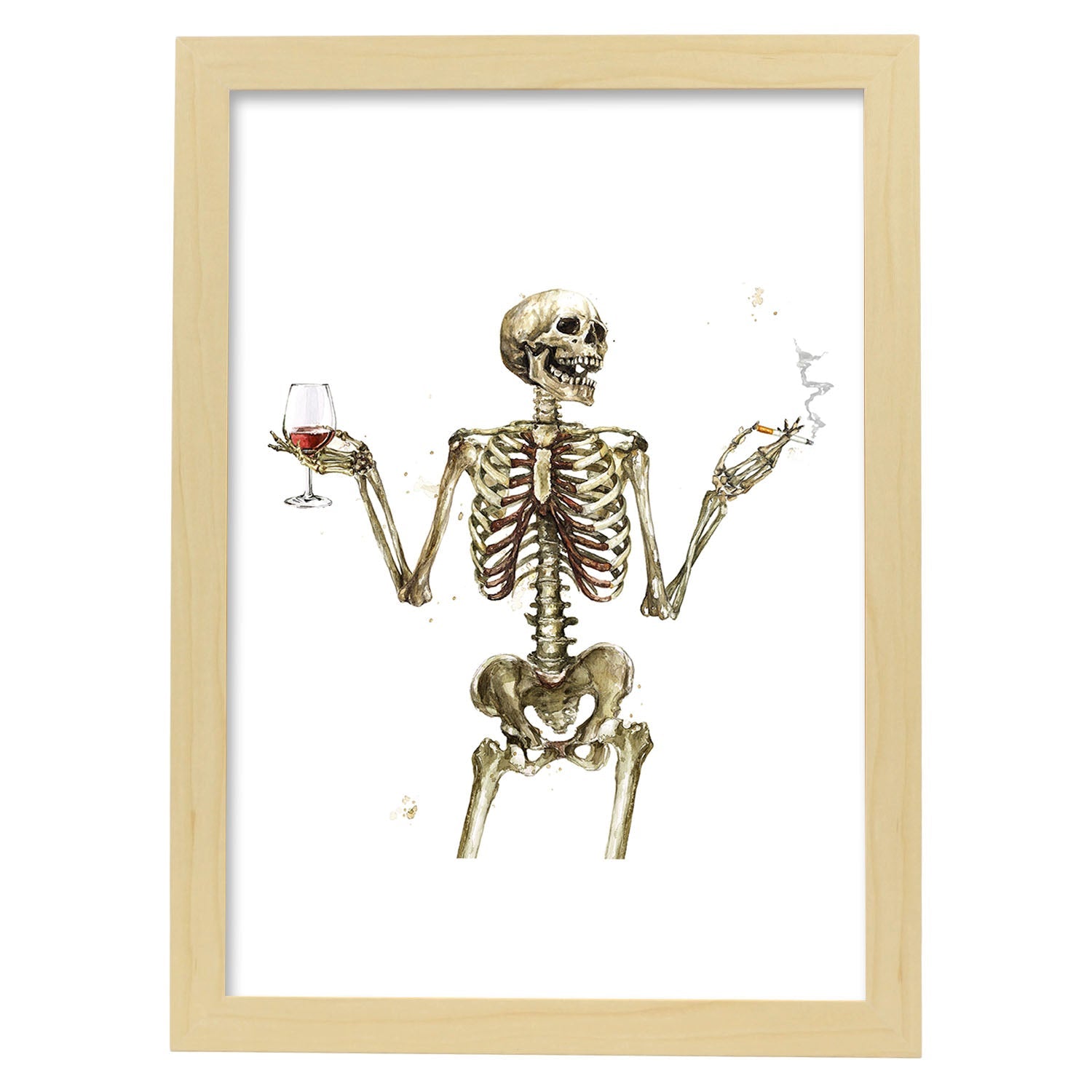 Lámina Chico Esqueleto Bebiendo Vino. Posters con imágenes de Calaveras.-Artwork-Nacnic-A3-Marco Madera clara-Nacnic Estudio SL