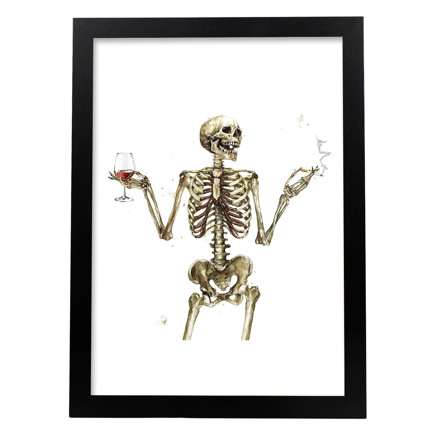 Lámina Chico Esqueleto Bebiendo Vino. Posters con imágenes de Calaveras.-Artwork-Nacnic-A3-Marco Negro-Nacnic Estudio SL