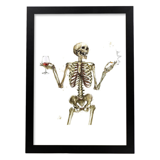 Lámina Chico Esqueleto Bebiendo Vino. Posters con imágenes de Calaveras.-Artwork-Nacnic-A4-Marco Negro-Nacnic Estudio SL