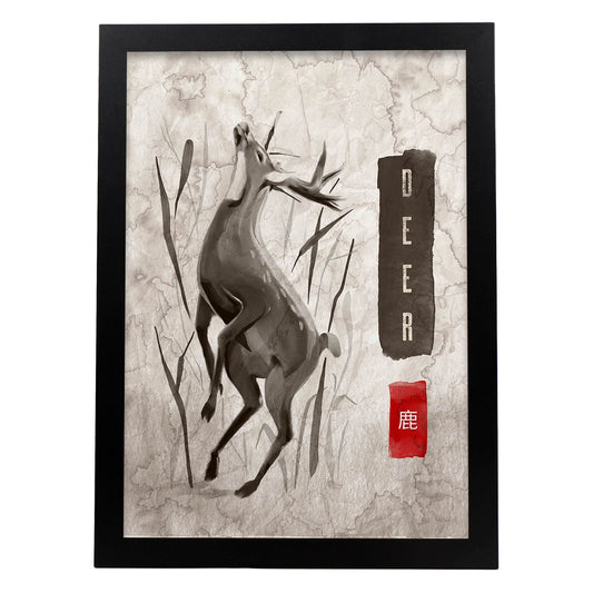 Lámina Ciervo. Pósters en estilo Sumi-E. Imágenes vintage de animales en tonos grises.-Artwork-Nacnic-A4-Marco Negro-Nacnic Estudio SL