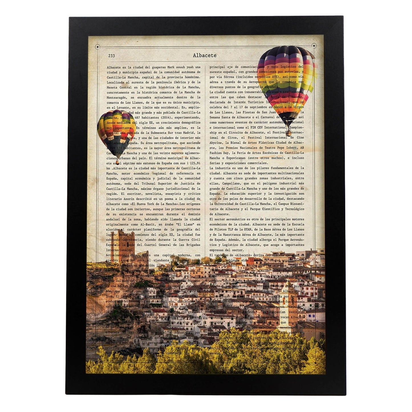 Lámina Ciudad de ALBACETE. Estilo Vintage. Ilustración, fotografía y Collage con la Historia DE ALBACETE.-Artwork-Nacnic-A3-Marco Negro-Nacnic Estudio SL