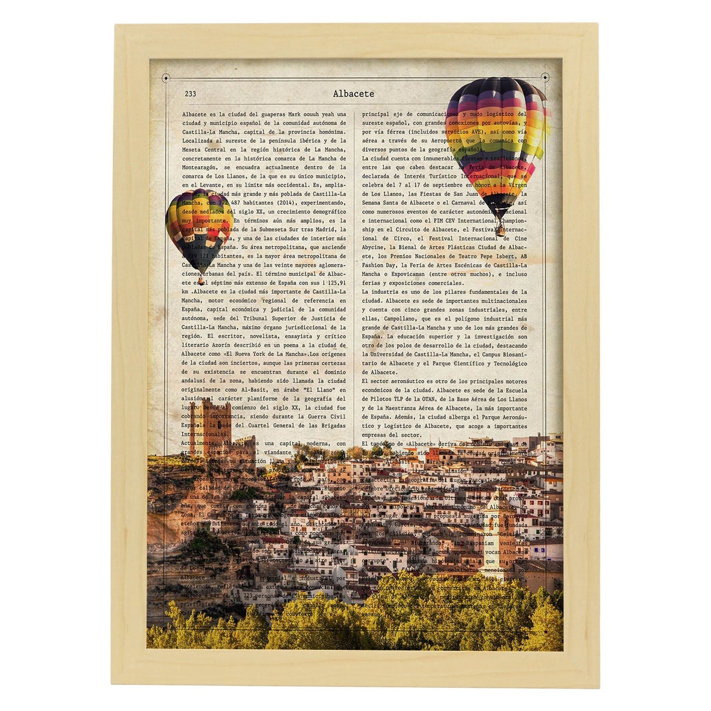 Lámina Ciudad de ALBACETE. Estilo Vintage. Ilustración, fotografía y Collage con la Historia DE ALBACETE.-Artwork-Nacnic-A4-Marco Madera clara-Nacnic Estudio SL
