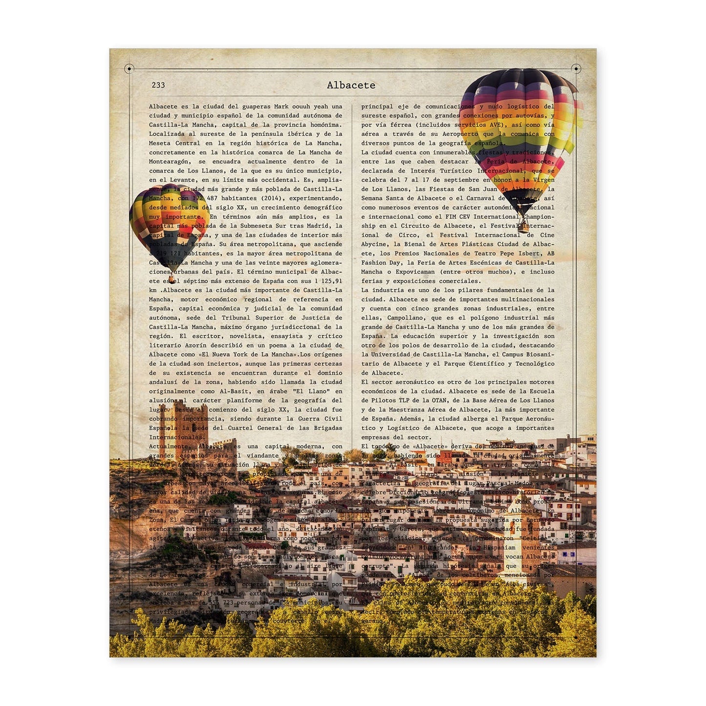 Lámina Ciudad de ALBACETE. Estilo Vintage. Ilustración, fotografía y Collage con la Historia DE ALBACETE.-Artwork-Nacnic-A4-Sin marco-Nacnic Estudio SL