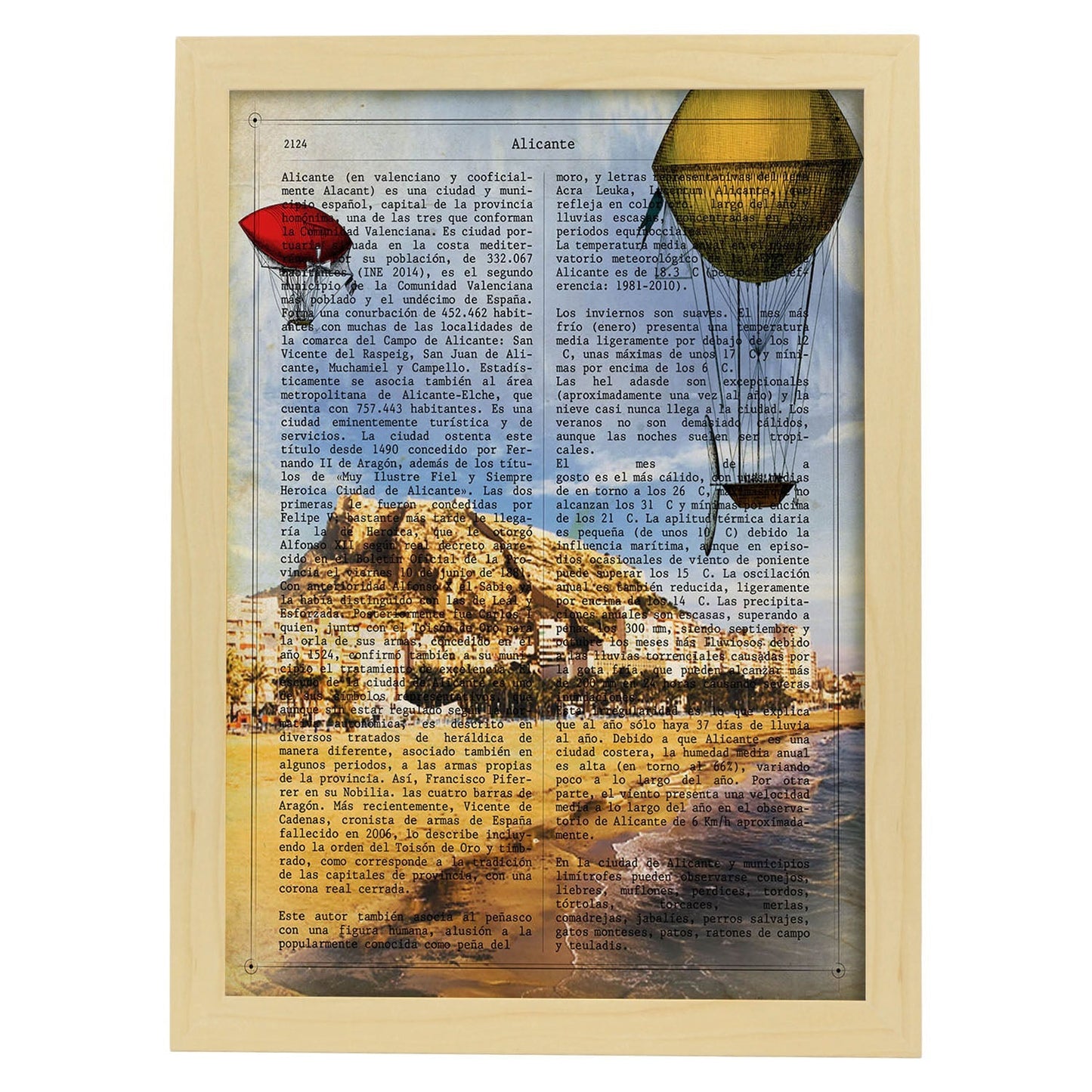Lámina Ciudad de Alicante. Estilo Vintage. Ilustración, fotografía y Collage con la Historia DE Alicante.-Artwork-Nacnic-A3-Marco Madera clara-Nacnic Estudio SL