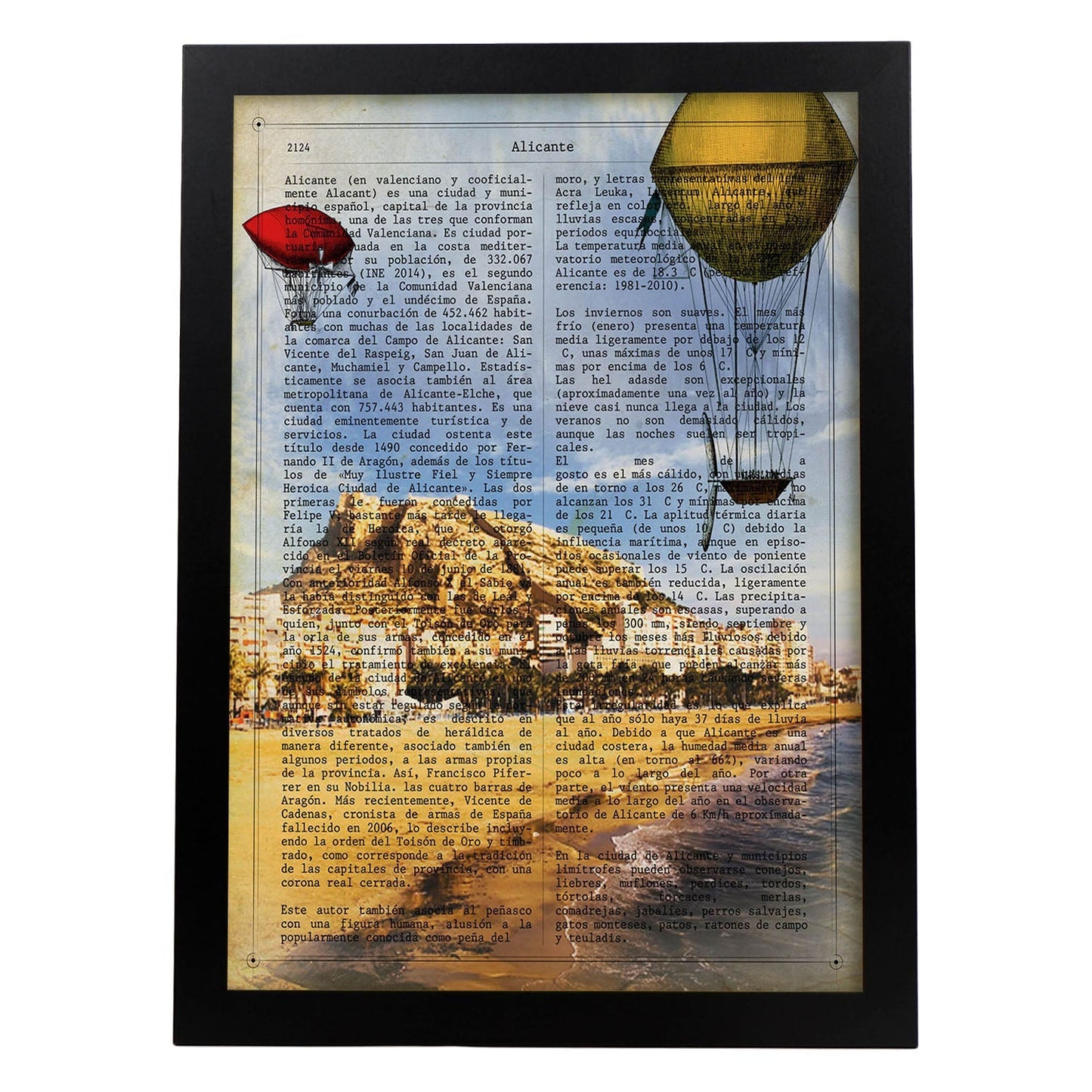 Lámina Ciudad de Alicante. Estilo Vintage. Ilustración, fotografía y Collage con la Historia DE Alicante.-Artwork-Nacnic-A4-Marco Negro-Nacnic Estudio SL