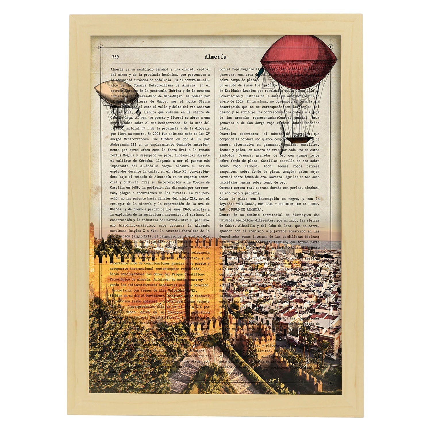 Lámina Ciudad de ALMERIA. Estilo Vintage. Ilustración, fotografía y Collage con la Historia DE ALMERIA.-Artwork-Nacnic-A3-Marco Madera clara-Nacnic Estudio SL