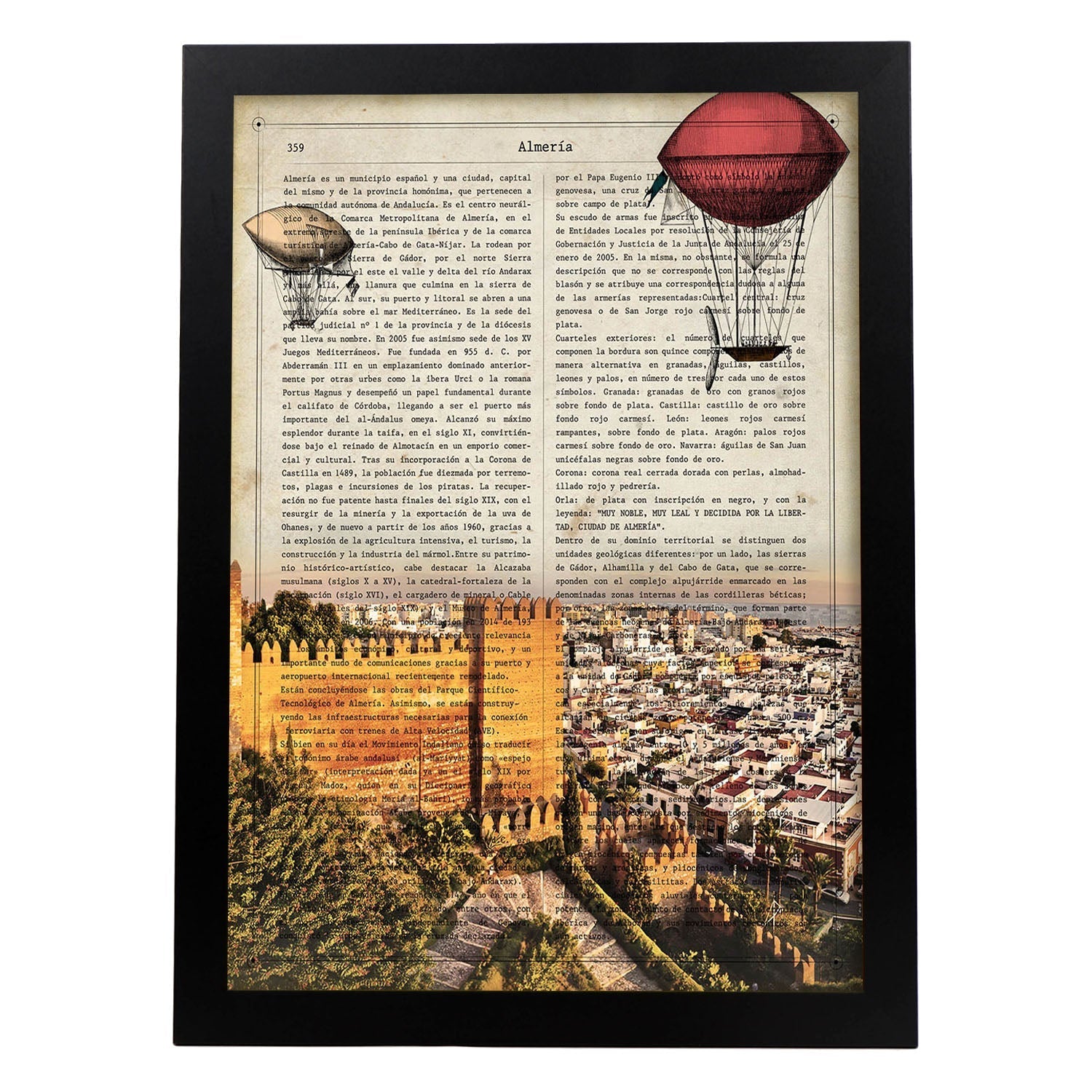 Lámina Ciudad de ALMERIA. Estilo Vintage. Ilustración, fotografía y Collage con la Historia DE ALMERIA.-Artwork-Nacnic-A4-Marco Negro-Nacnic Estudio SL