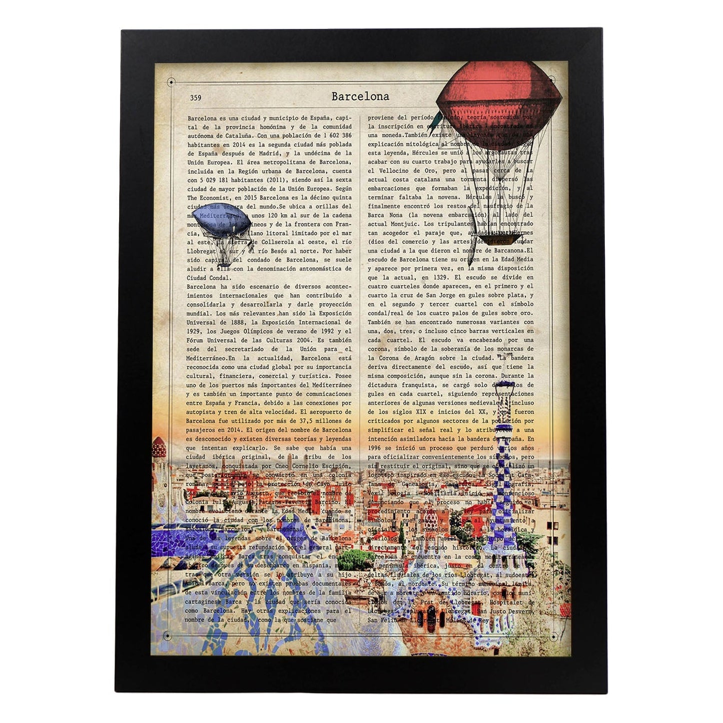 Lámina Ciudad de Barcelona. Estilo Vintage. Ilustración, fotografía y Collage con la Historia DE Barcelona.-Artwork-Nacnic-A3-Marco Negro-Nacnic Estudio SL