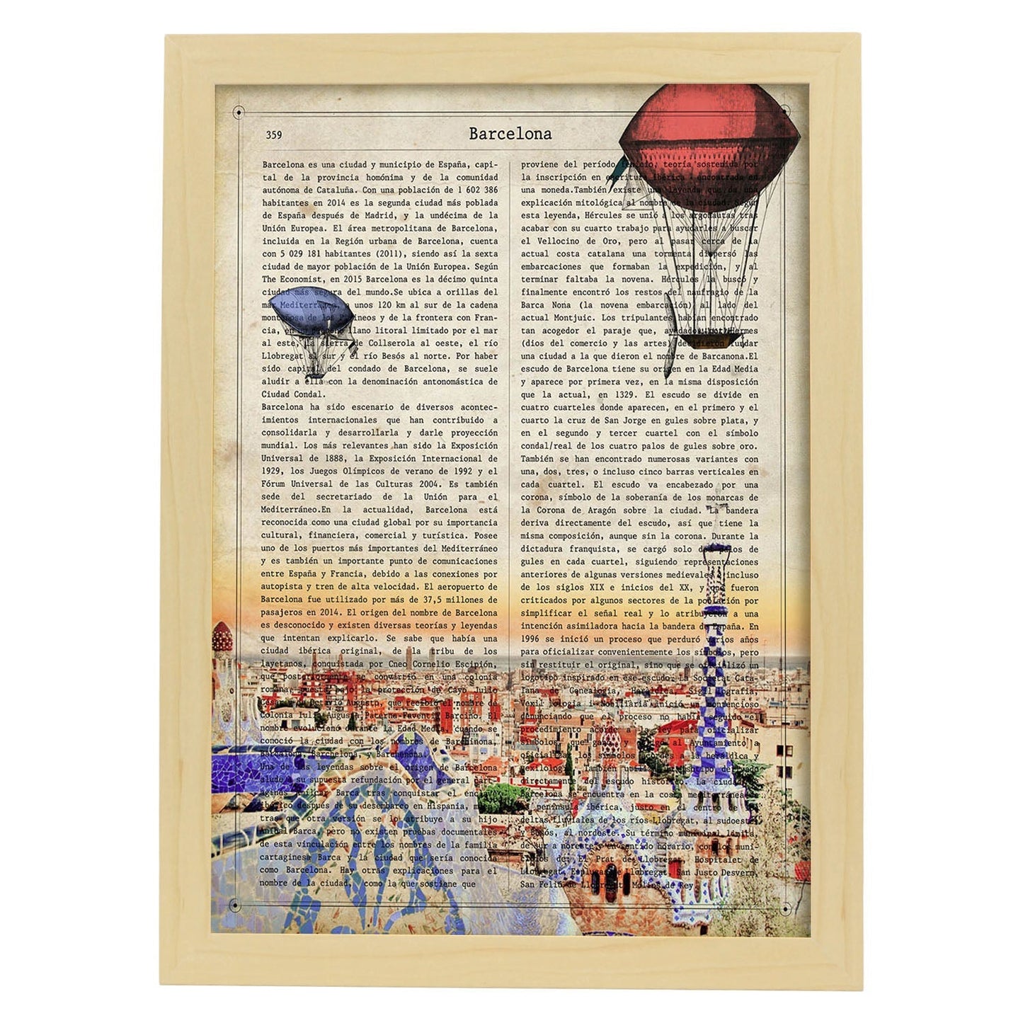 Lámina Ciudad de Barcelona. Estilo Vintage. Ilustración, fotografía y Collage con la Historia DE Barcelona.-Artwork-Nacnic-A4-Marco Madera clara-Nacnic Estudio SL