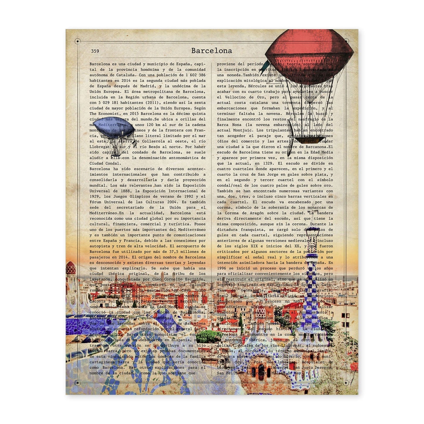 Lámina Ciudad de Barcelona. Estilo Vintage. Ilustración, fotografía y Collage con la Historia DE Barcelona.-Artwork-Nacnic-A4-Sin marco-Nacnic Estudio SL