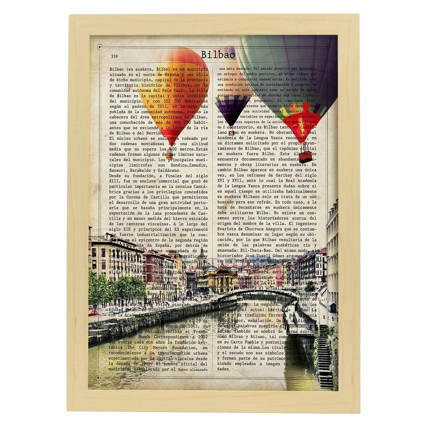 Lámina Ciudad de Bilbao. Estilo Vintage. Ilustración con la Historia DE Bilbao.-Artwork-Nacnic-A3-Marco Madera clara-Nacnic Estudio SL