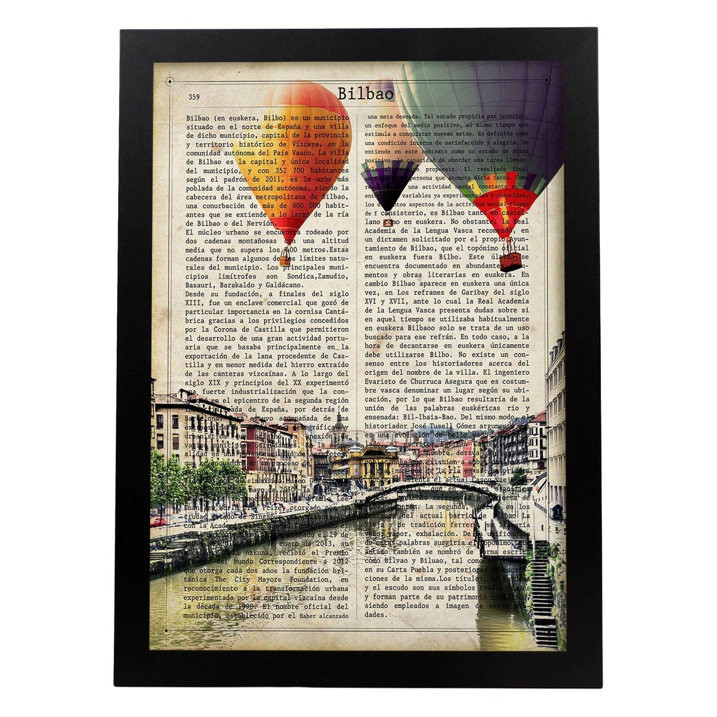 Lámina Ciudad de Bilbao. Estilo Vintage. Ilustración con la Historia DE Bilbao.-Artwork-Nacnic-A3-Marco Negro-Nacnic Estudio SL