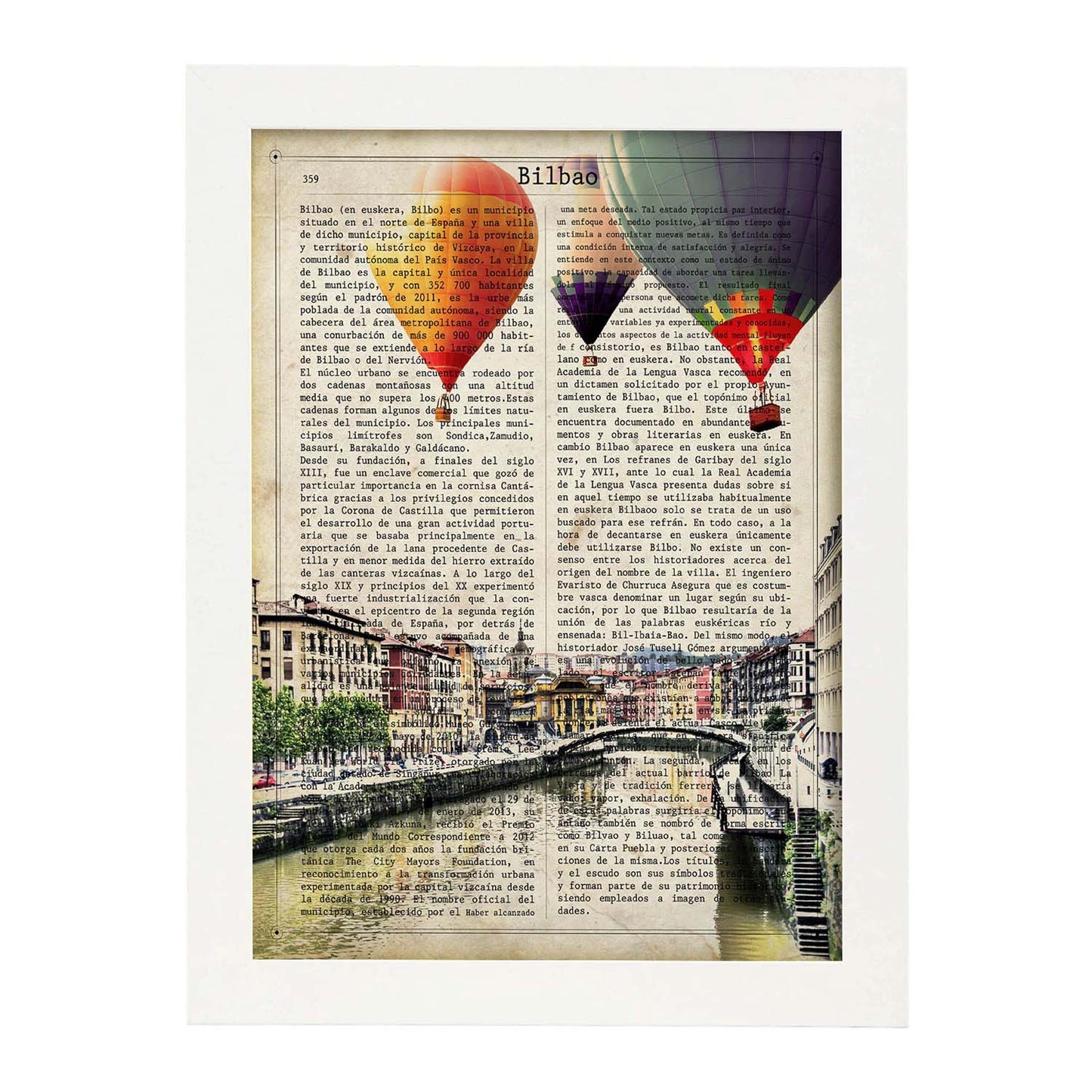 Lámina Ciudad de Bilbao. Estilo Vintage. Ilustración con la Historia DE Bilbao.-Artwork-Nacnic-A4-Marco Blanco-Nacnic Estudio SL
