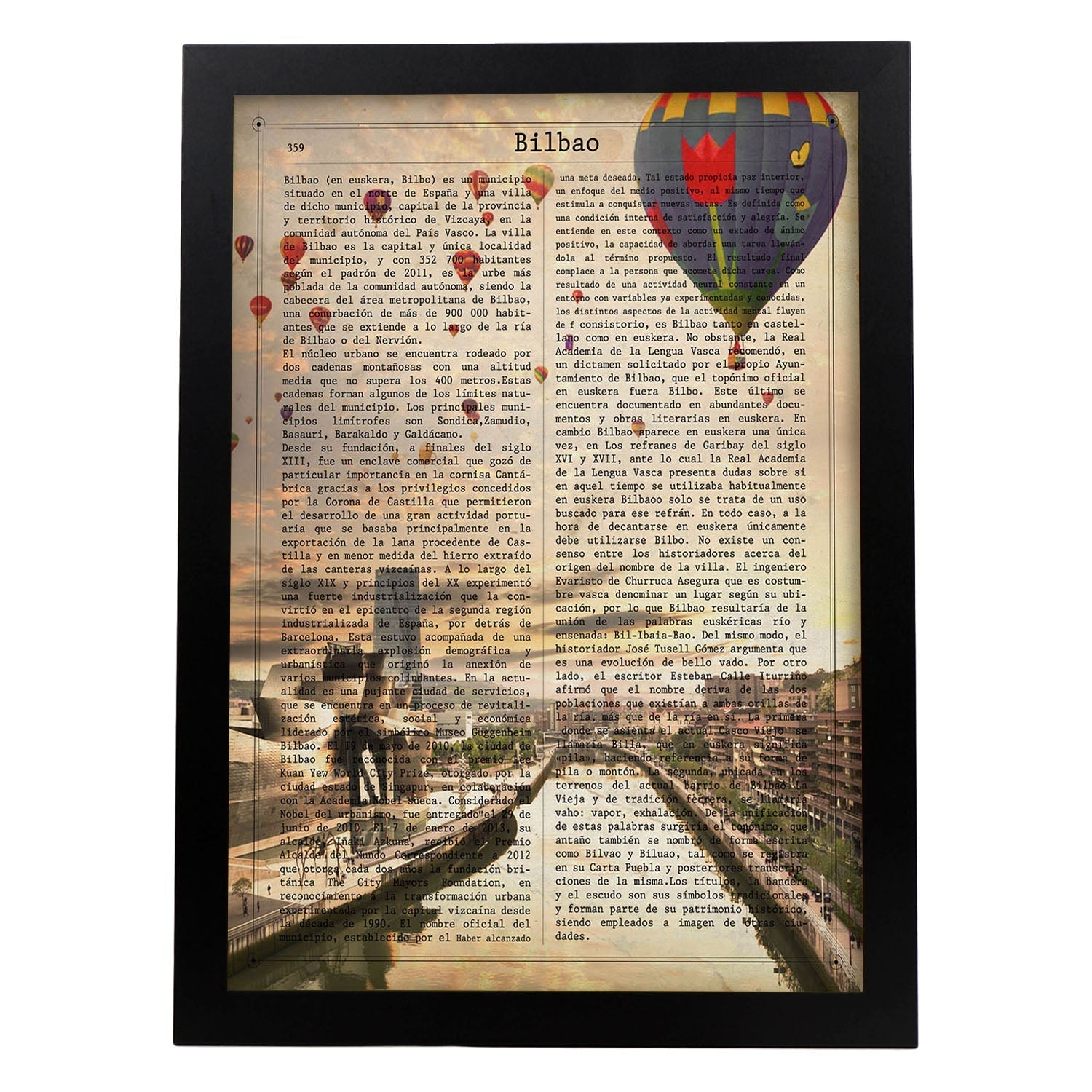 Lámina Ciudad de Bilbao. Estilo Vintage. Ilustración, fotografía y Collage con la Historia DE Bilbao.-Artwork-Nacnic-A3-Marco Negro-Nacnic Estudio SL