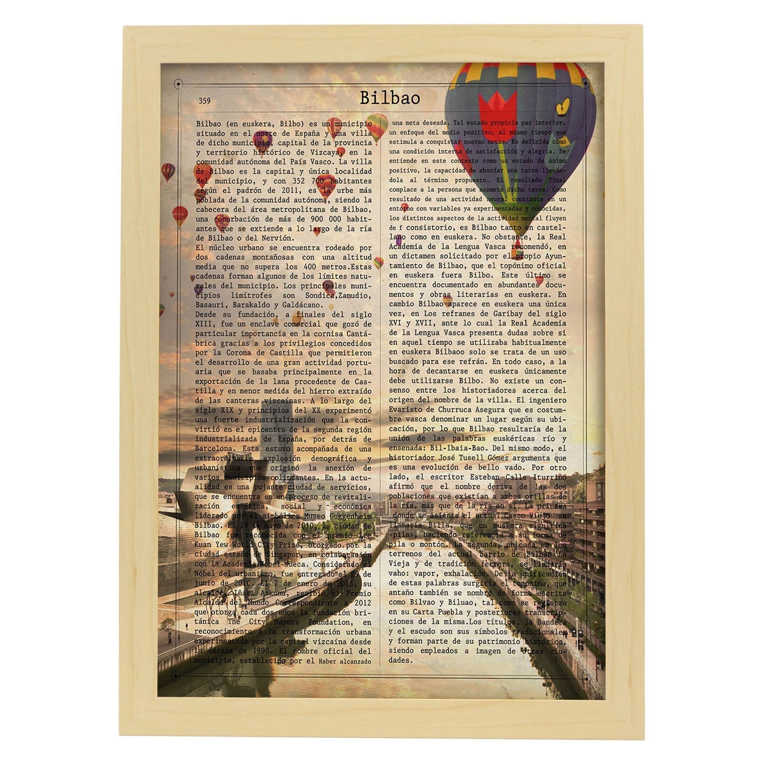 Lámina Ciudad de Bilbao. Estilo Vintage. Ilustración, fotografía y Collage con la Historia DE Bilbao.-Artwork-Nacnic-A4-Marco Madera clara-Nacnic Estudio SL