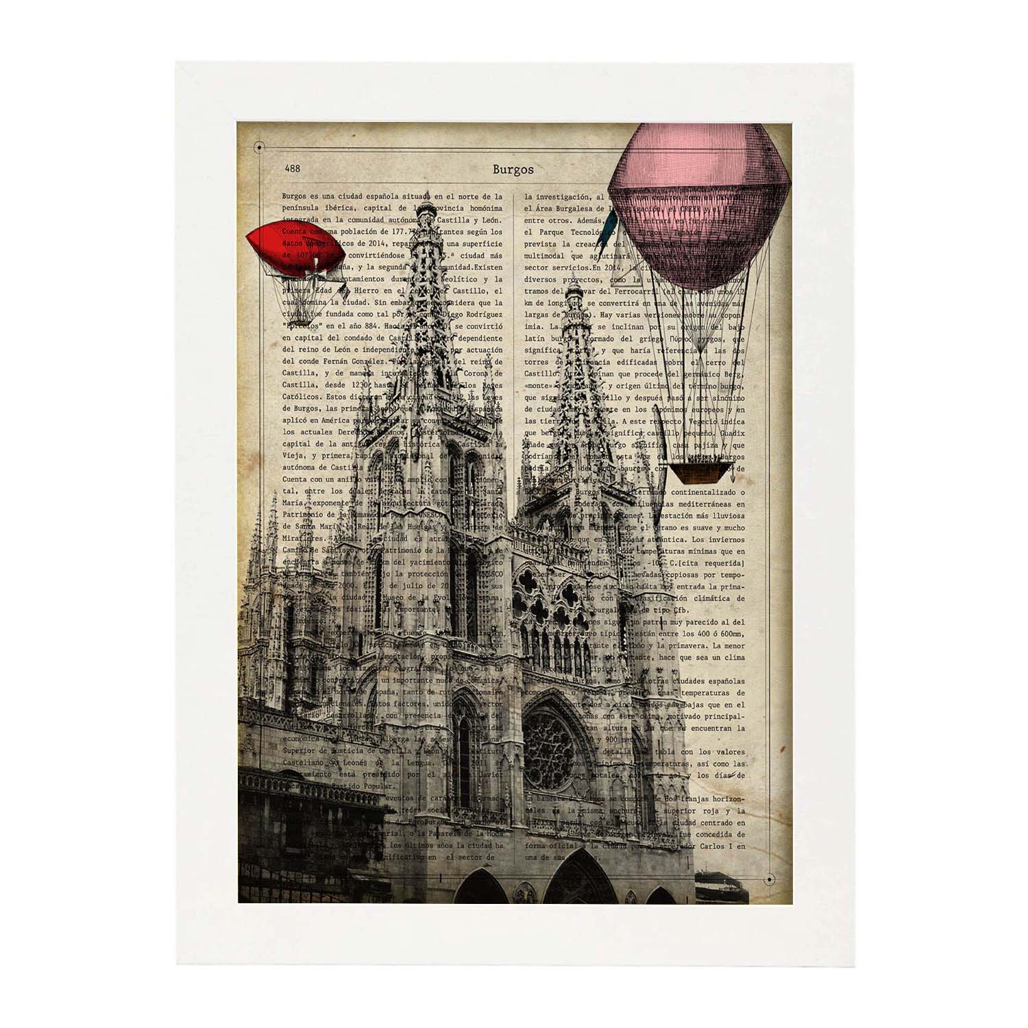 Lámina Ciudad de Burgos. Estilo Vintage. Ilustración, fotografía y Collage con la Historia DE Burgos.-Artwork-Nacnic-A3-Marco Blanco-Nacnic Estudio SL