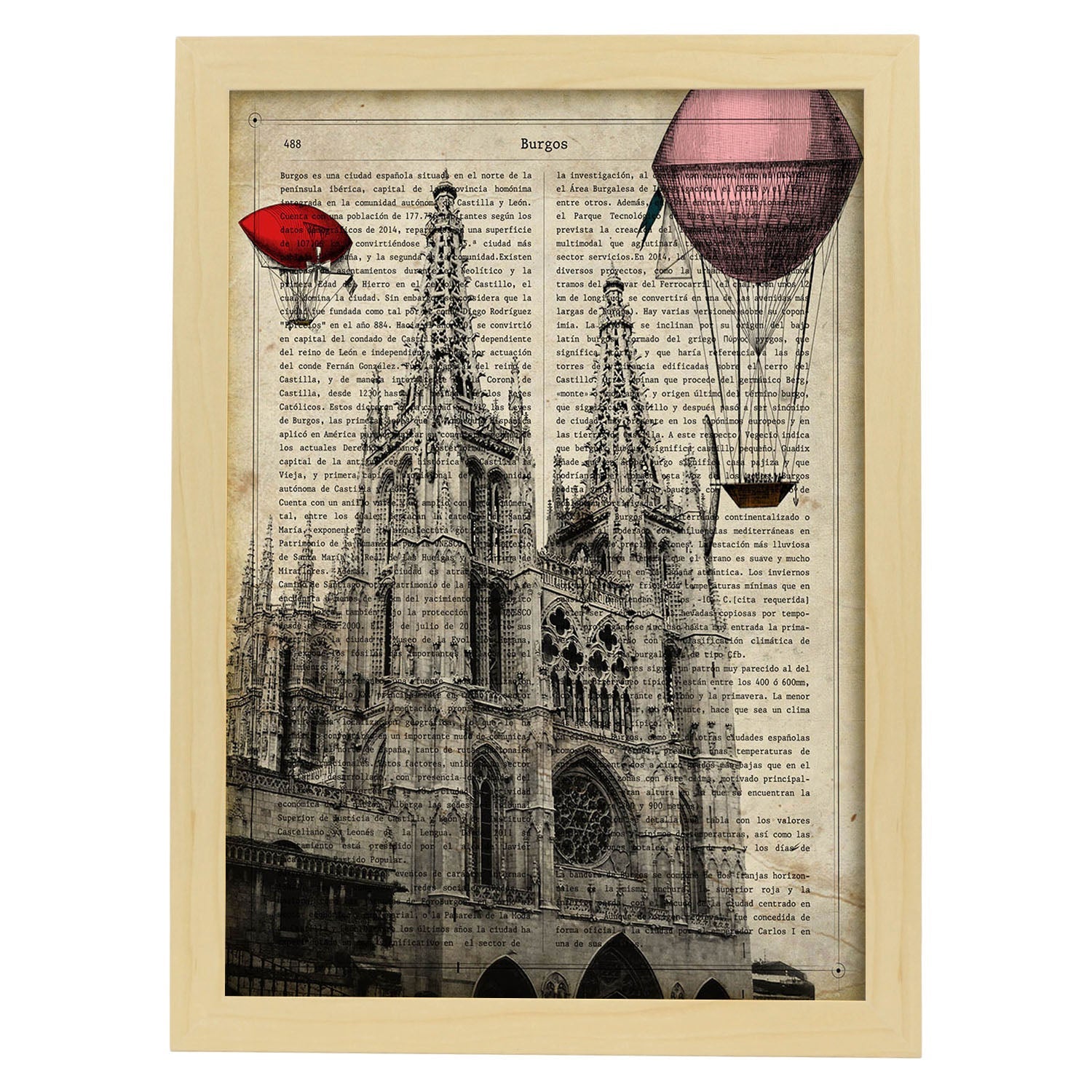 Lámina Ciudad de Burgos. Estilo Vintage. Ilustración, fotografía y Collage con la Historia DE Burgos.-Artwork-Nacnic-A4-Marco Madera clara-Nacnic Estudio SL