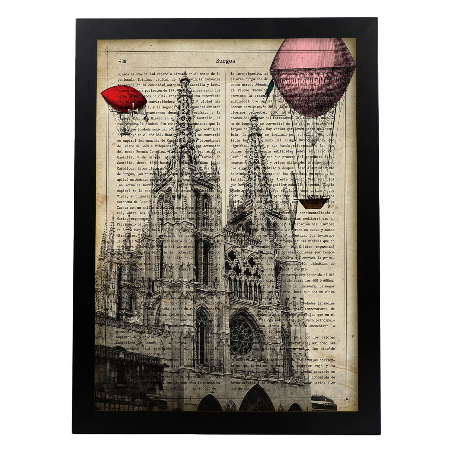 Lámina Ciudad de Burgos. Estilo Vintage. Ilustración, fotografía y Collage con la Historia DE Burgos.-Artwork-Nacnic-A4-Marco Negro-Nacnic Estudio SL