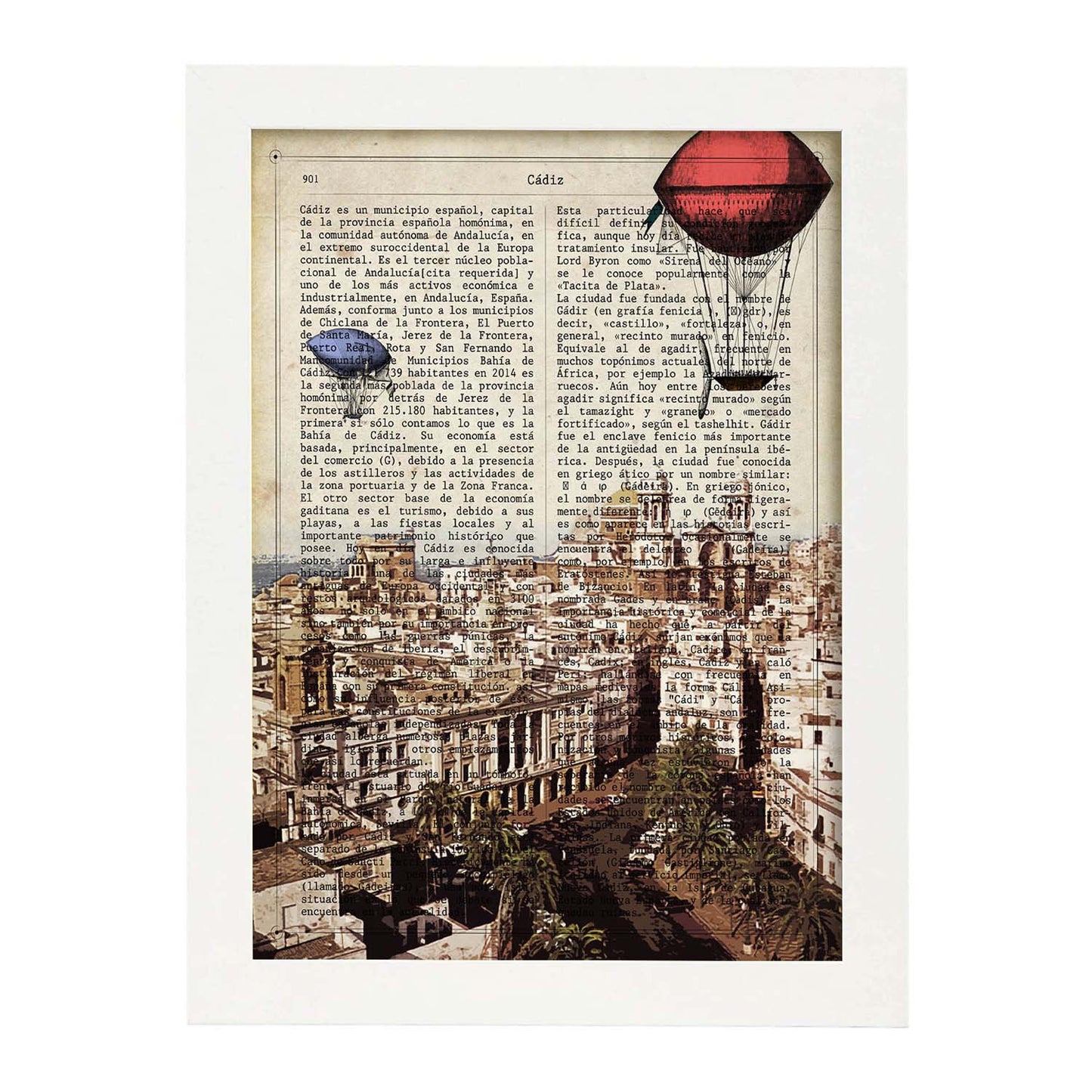 Lámina Ciudad de Cadiz. Estilo Vintage. Ilustración, fotografía y Collage con la Historia DE Cadiz.-Artwork-Nacnic-A4-Marco Blanco-Nacnic Estudio SL